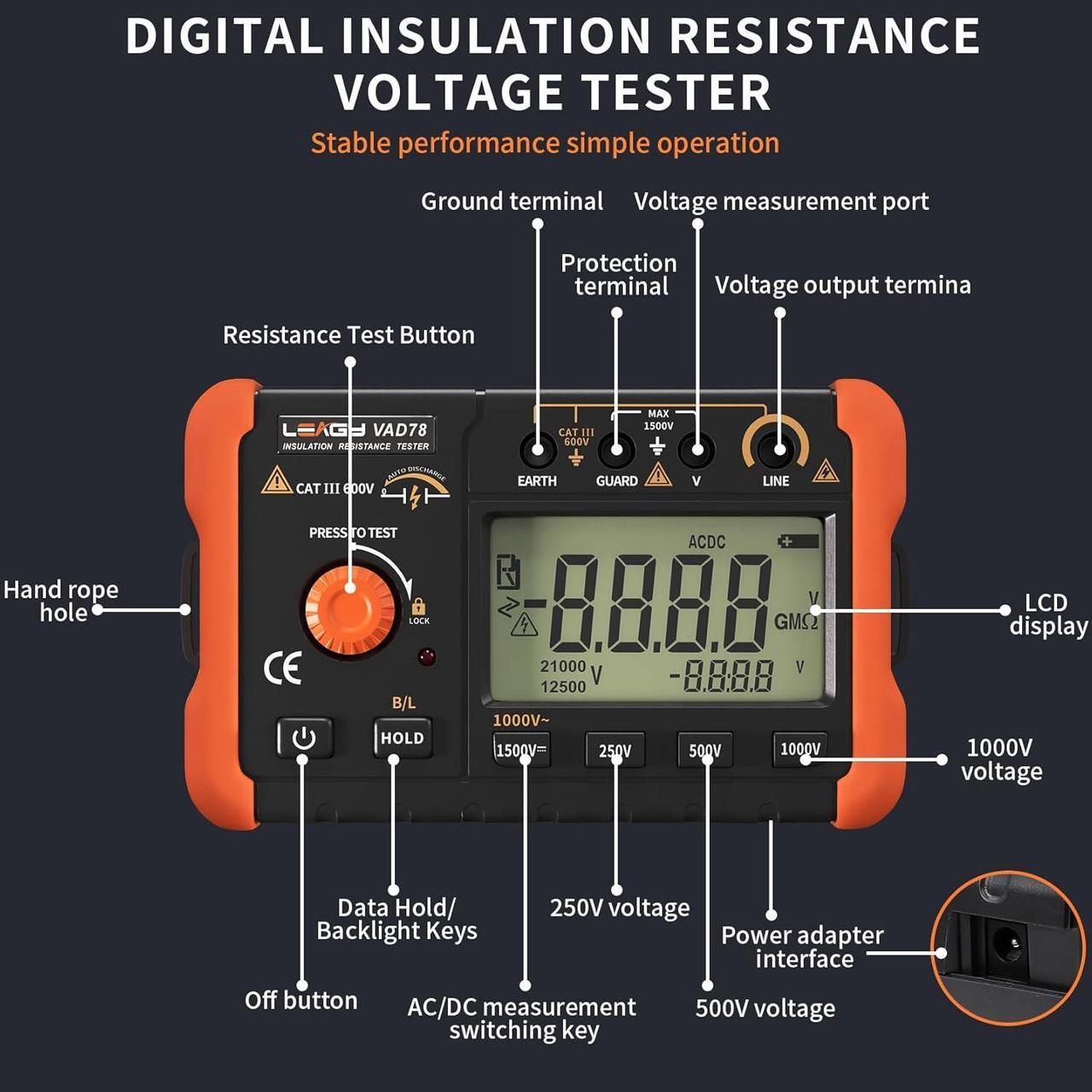 Alt view image 2 of 6 - VAD78 Digital Insulation Resistance Tester - Accurate Megohm Meter for DC/AC Voltage Testing (20-1500V, 20-750V) and Resistance Measurement (0-5000 Megohms)