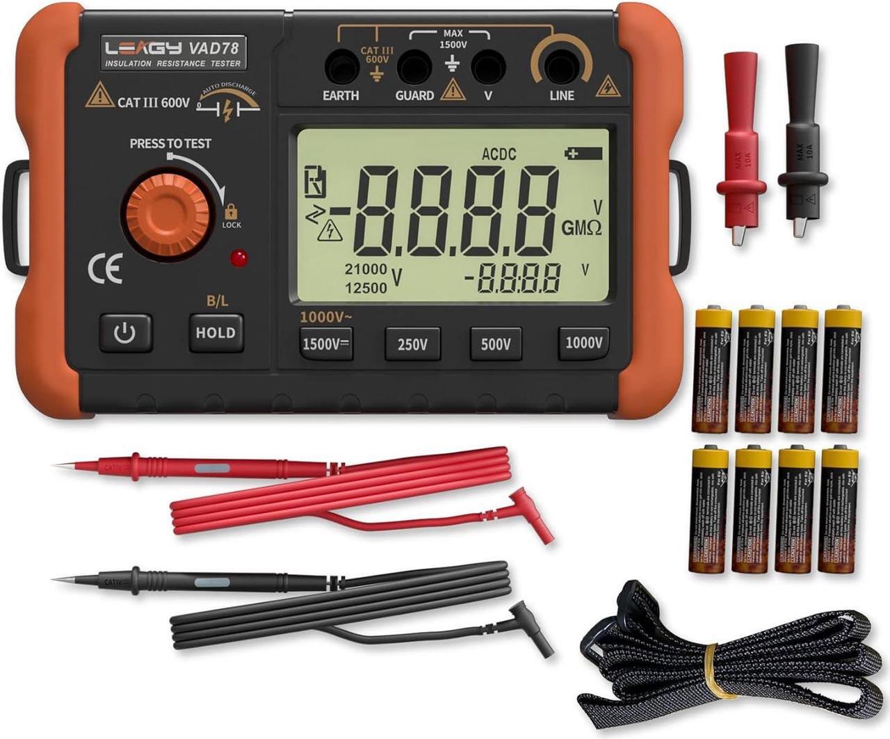 Main image of VAD78 Digital Insulation Resistance Tester - Accurate Megohm Meter for DC/AC Voltage Testing (20-1500V, 20-750V) and Resistance Measurement (0-5000 Megohms)