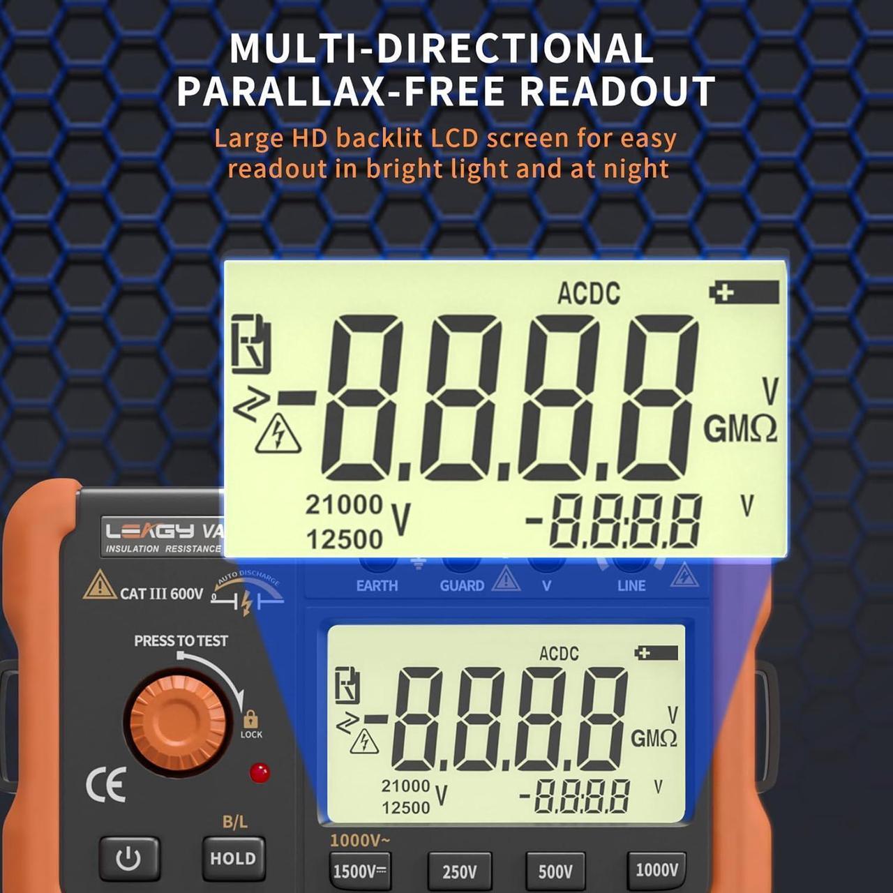 Alt view image 3 of 6 - VAD78 Digital Insulation Resistance Tester - Accurate Megohm Meter for DC/AC Voltage Testing (20-1500V, 20-750V) and Resistance Measurement (0-5000 Megohms)