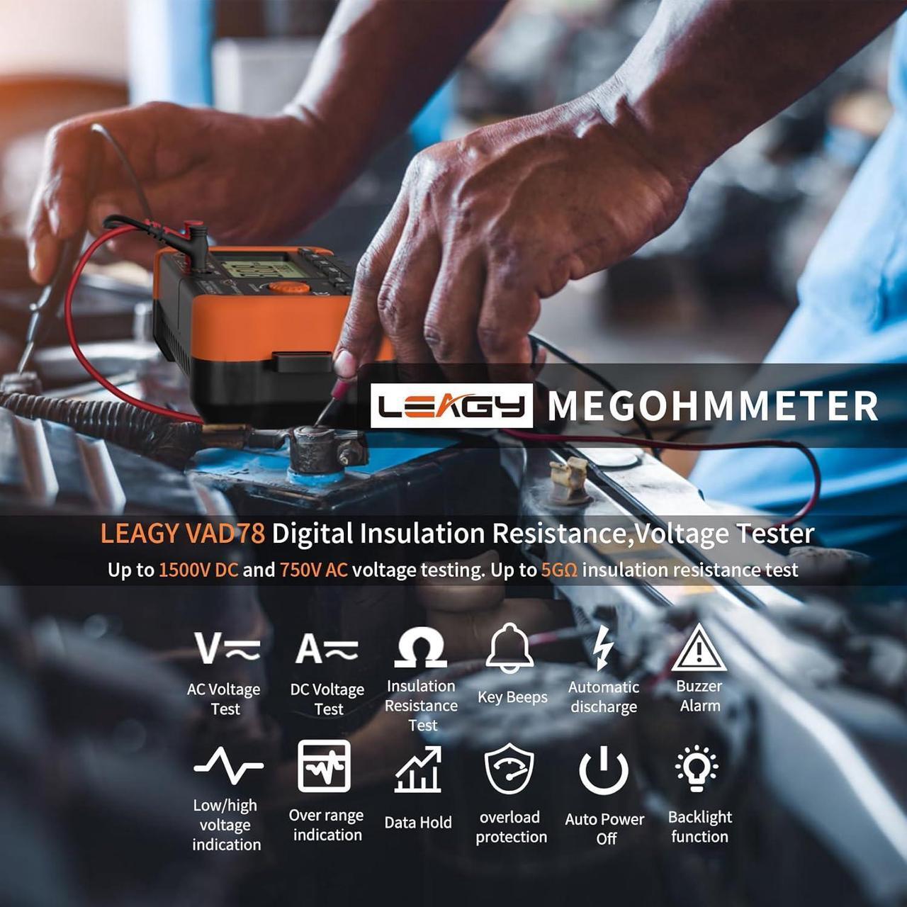 Alt view image 5 of 6 - VAD78 Digital Insulation Resistance Tester - Accurate Megohm Meter for DC/AC Voltage Testing (20-1500V, 20-750V) and Resistance Measurement (0-5000 Megohms)
