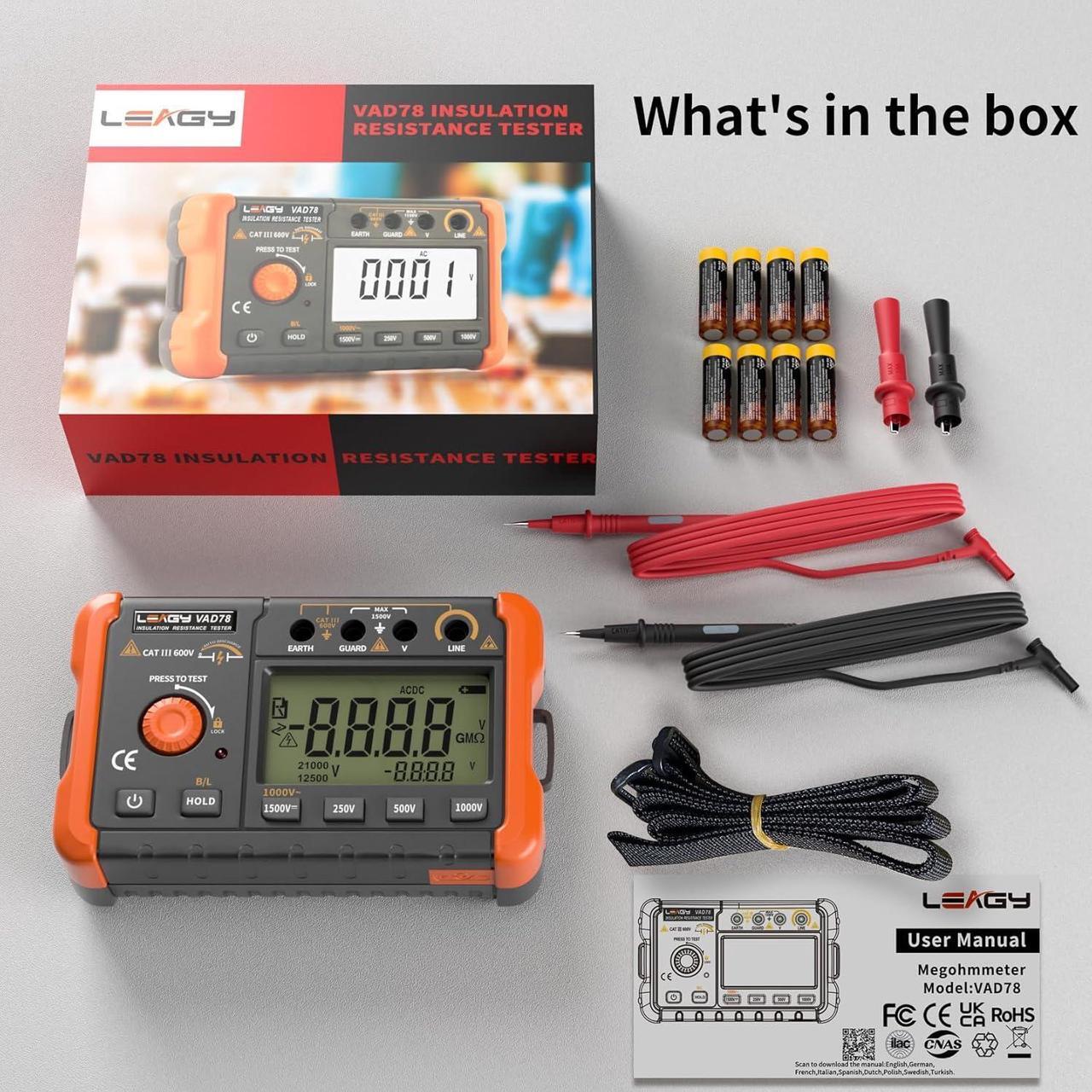 Alt view image 6 of 6 - VAD78 Digital Insulation Resistance Tester - Accurate Megohm Meter for DC/AC Voltage Testing (20-1500V, 20-750V) and Resistance Measurement (0-5000 Megohms)