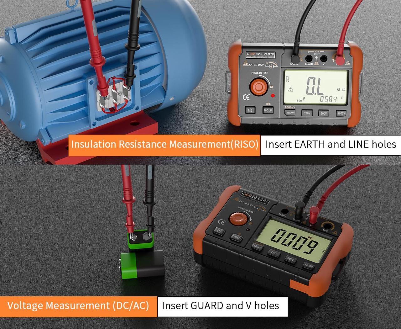Alt view image 4 of 6 - VAD78 Digital Insulation Resistance Tester - Accurate Megohm Meter for DC/AC Voltage Testing (20-1500V, 20-750V) and Resistance Measurement (0-5000 Megohms)