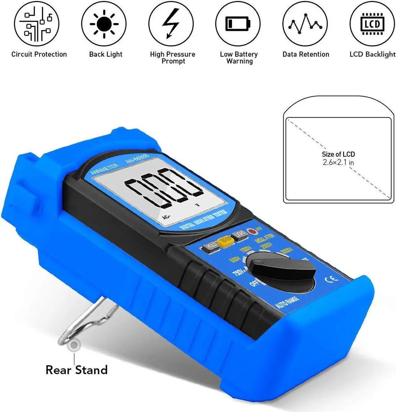 Alt view image 2 of 7 - Digital Insulation Resistance Tester, Megohmmeter 200G Meg Ohmmeter, 500V/1000V/2500V/5kV Test Voltage, Auto Ranging Mega Ohm Meter AC Voltmeter AI-6688B with Over-Range Indicator