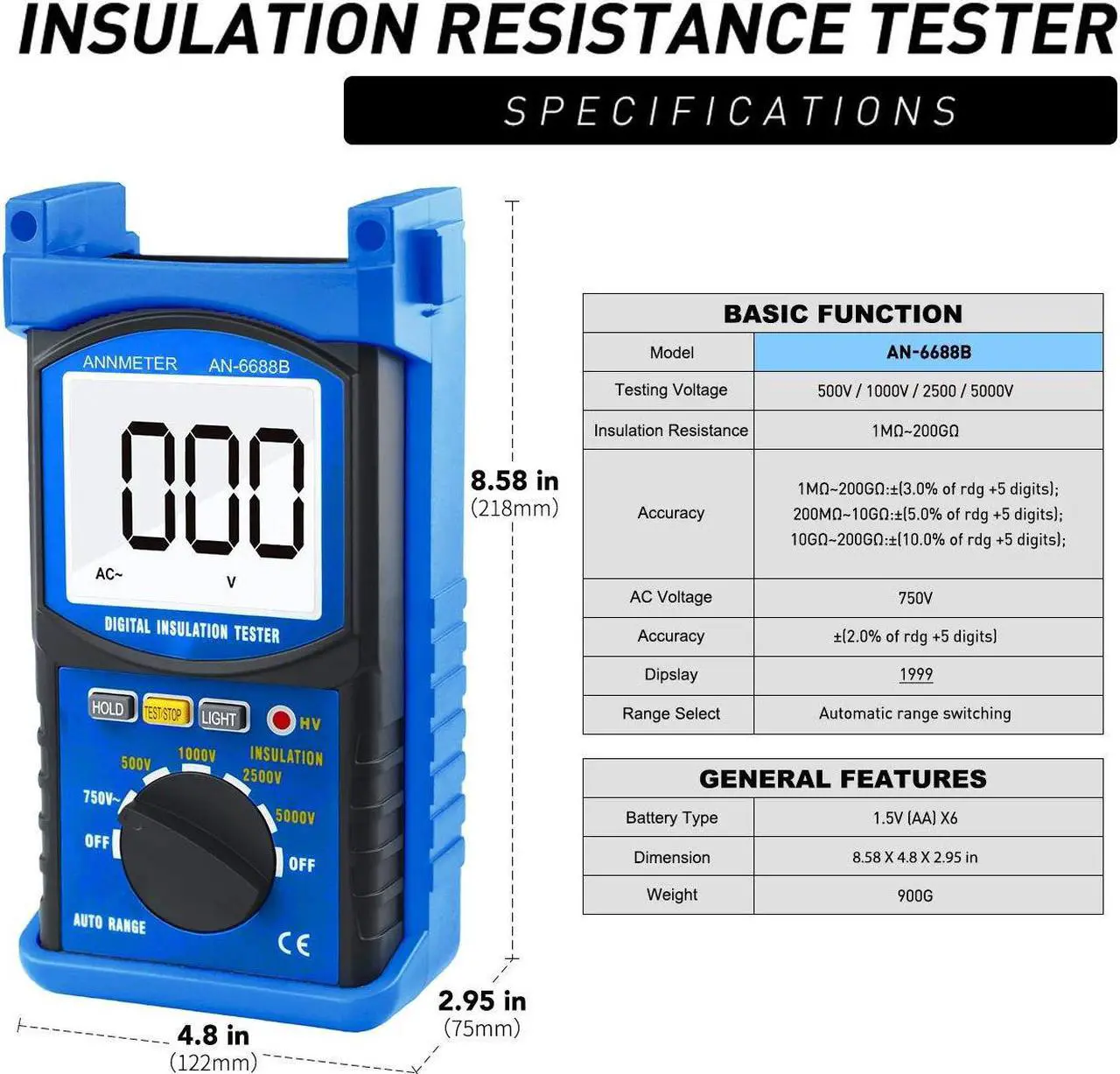 Alt view image 4 of 7 - Digital Insulation Resistance Tester, Megohmmeter 200G Meg Ohmmeter, 500V/1000V/2500V/5kV Test Voltage, Auto Ranging Mega Ohm Meter AC Voltmeter AI-6688B with Over-Range Indicator