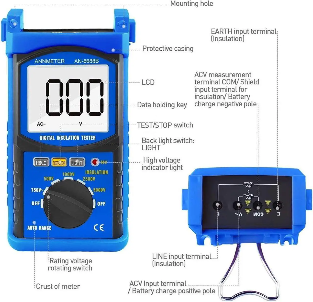 Alt view image 3 of 7 - Digital Insulation Resistance Tester, Megohmmeter 200G Meg Ohmmeter, 500V/1000V/2500V/5kV Test Voltage, Auto Ranging Mega Ohm Meter AC Voltmeter AI-6688B with Over-Range Indicator