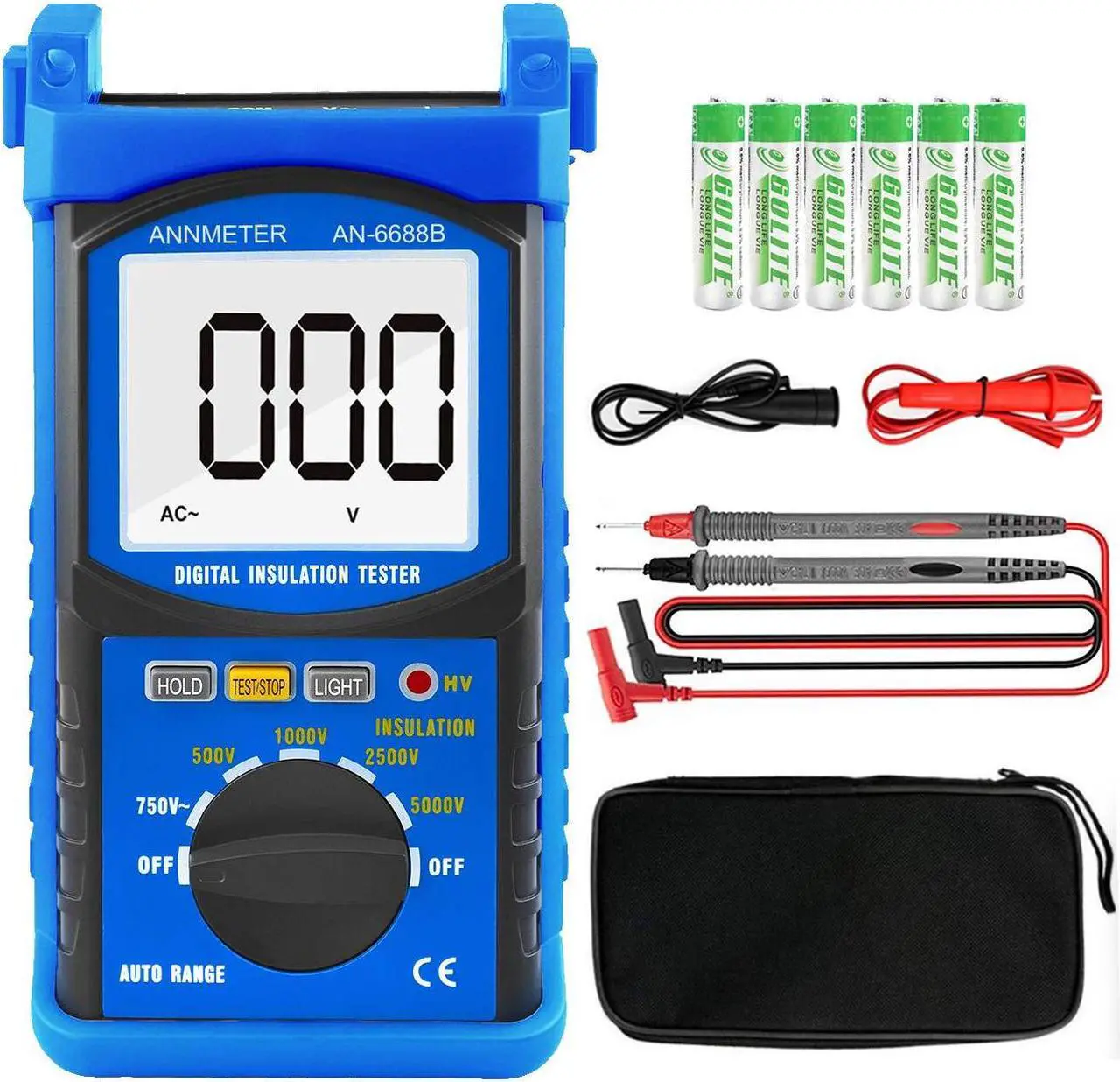 Main image of Digital Insulation Resistance Tester, Megohmmeter 200G Meg Ohmmeter, 500V/1000V/2500V/5kV Test Voltage, Auto Ranging Mega Ohm Meter AC Voltmeter AI-6688B with Over-Range Indicator