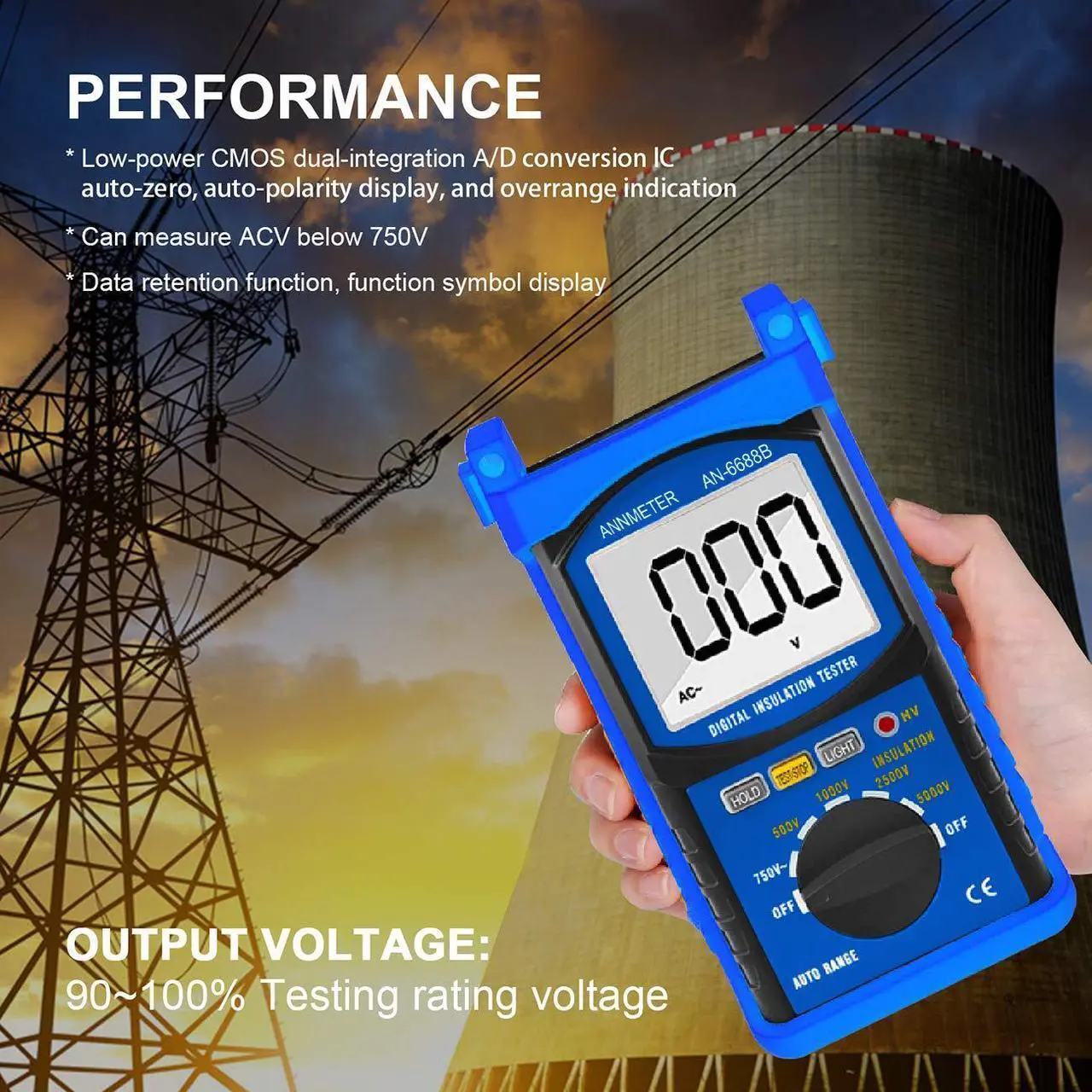 Alt view image 7 of 7 - Digital Insulation Resistance Tester, Megohmmeter 200G Meg Ohmmeter, 500V/1000V/2500V/5kV Test Voltage, Auto Ranging Mega Ohm Meter AC Voltmeter AI-6688B with Over-Range Indicator