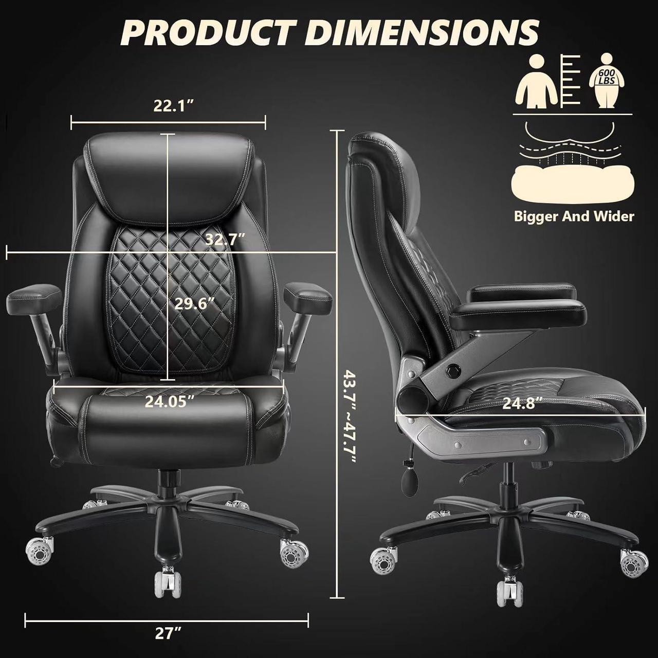 Alt view image 3 of 7 - 600LBS Large Heavy Duty Office Chair with 5D Flip Arms, Big and Tall Office Chair with Pocket Spring Cushion, Extra Wide Office Chair with Adjustable Lumbar Support,Dual Rubber Wheel