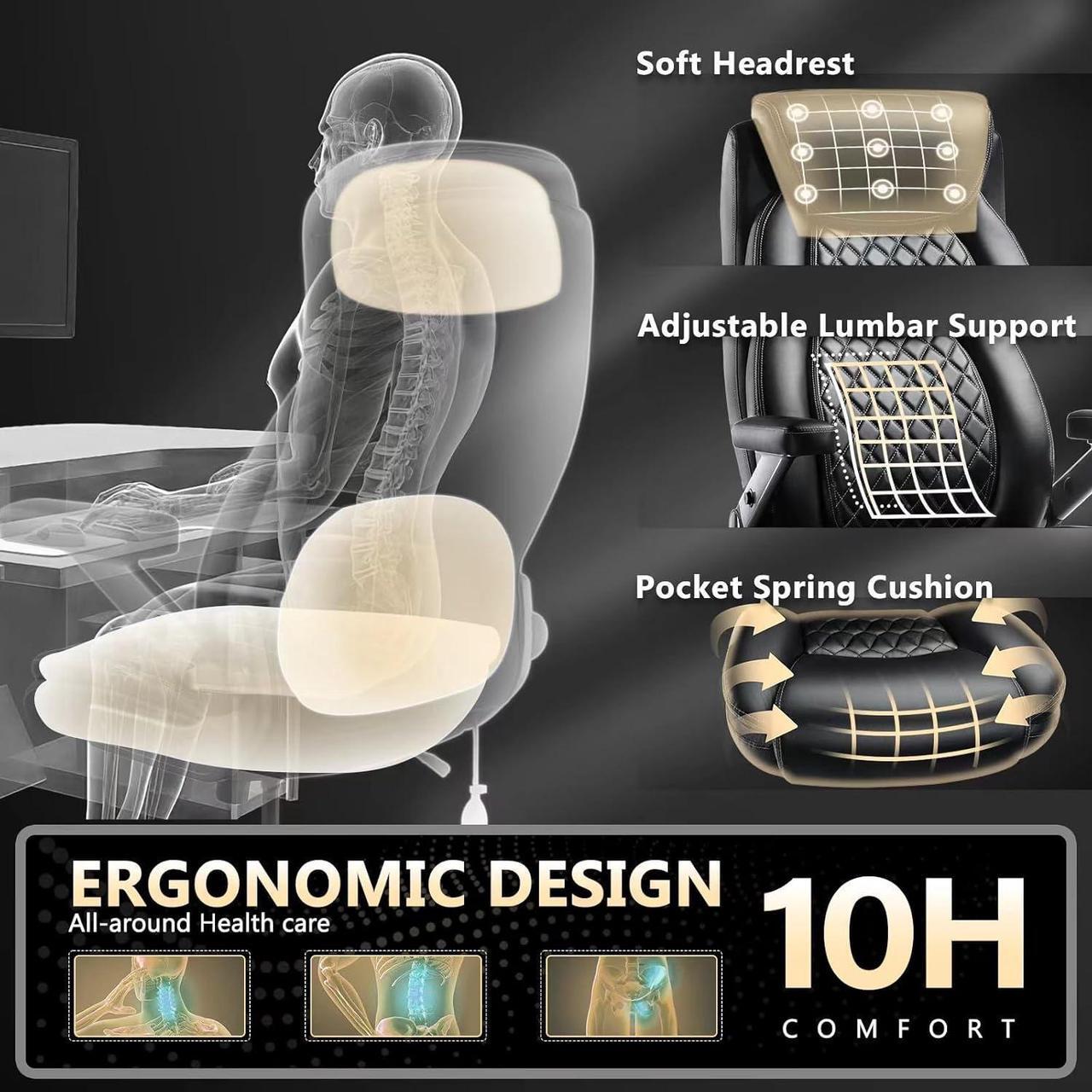 Alt view image 4 of 7 - 600LBS Large Heavy Duty Office Chair with 5D Flip Arms, Big and Tall Office Chair with Pocket Spring Cushion, Extra Wide Office Chair with Adjustable Lumbar Support,Dual Rubber Wheel