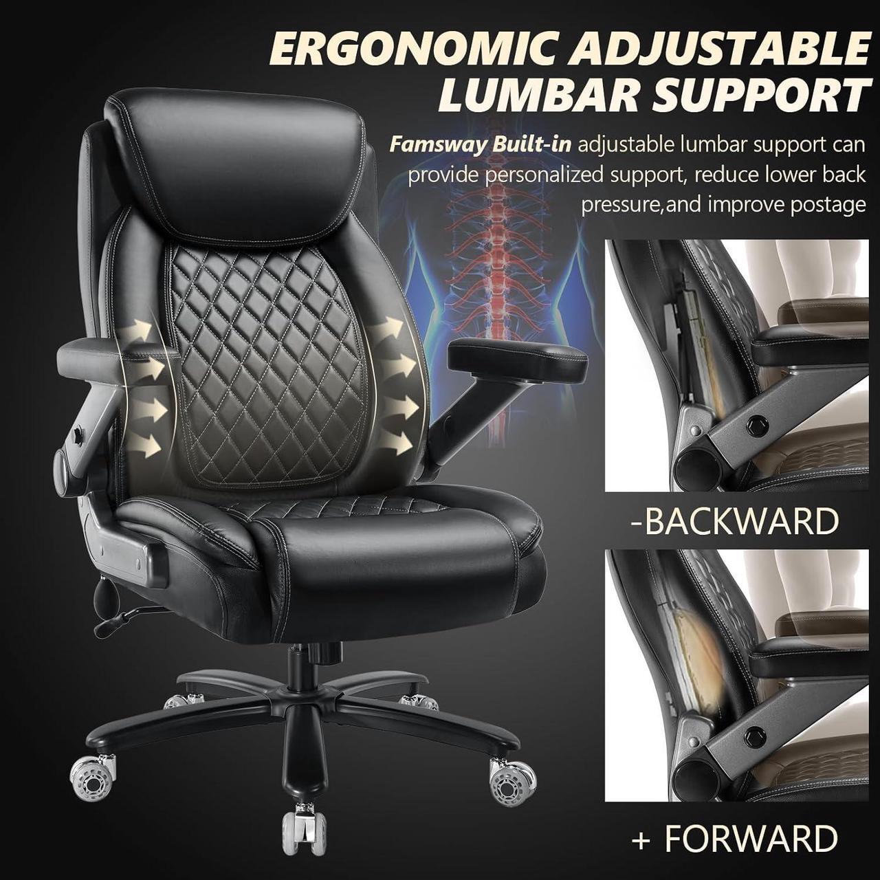 Alt view image 5 of 7 - 600LBS Large Heavy Duty Office Chair with 5D Flip Arms, Big and Tall Office Chair with Pocket Spring Cushion, Extra Wide Office Chair with Adjustable Lumbar Support,Dual Rubber Wheel