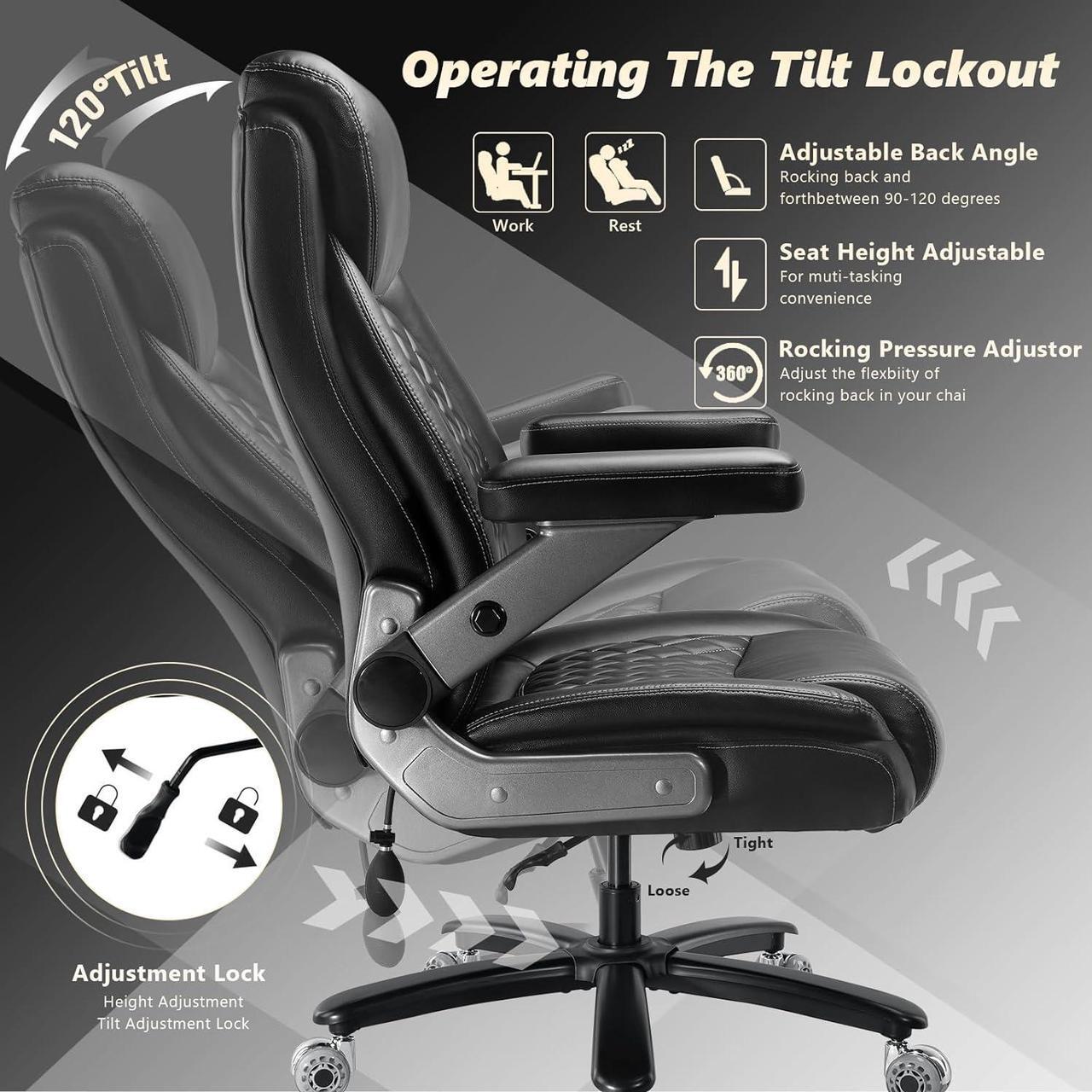 Alt view image 7 of 7 - 600LBS Large Heavy Duty Office Chair with 5D Flip Arms, Big and Tall Office Chair with Pocket Spring Cushion, Extra Wide Office Chair with Adjustable Lumbar Support,Dual Rubber Wheel