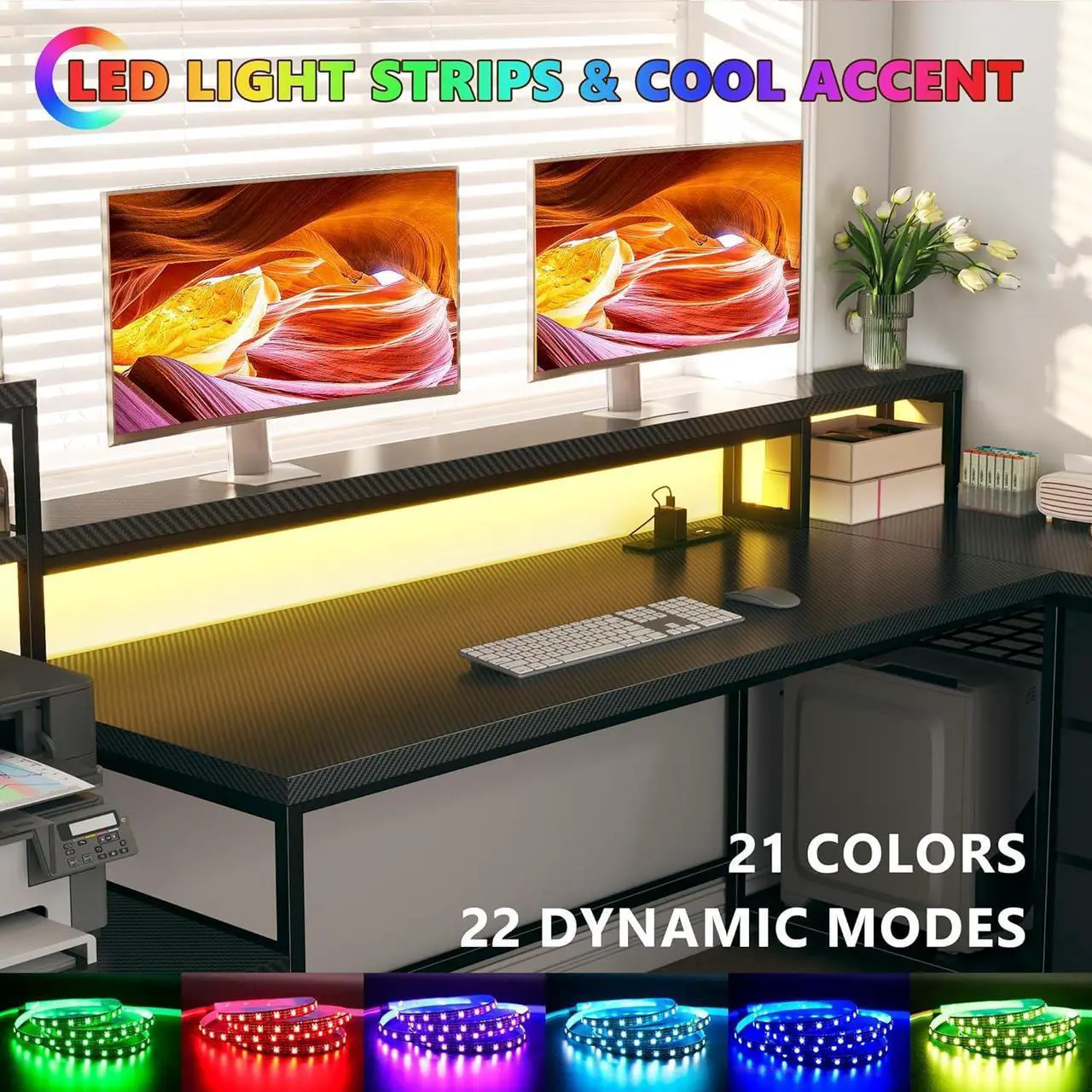 Alt view image 4 of 7 - 71" L Shaped Desk, Computer Desk with Power Outlet & LED Lights, Reversible L Shaped Gaming Desk with Storage Shelves, Office Desk with Monitor Shelf, Corner Desk, Black