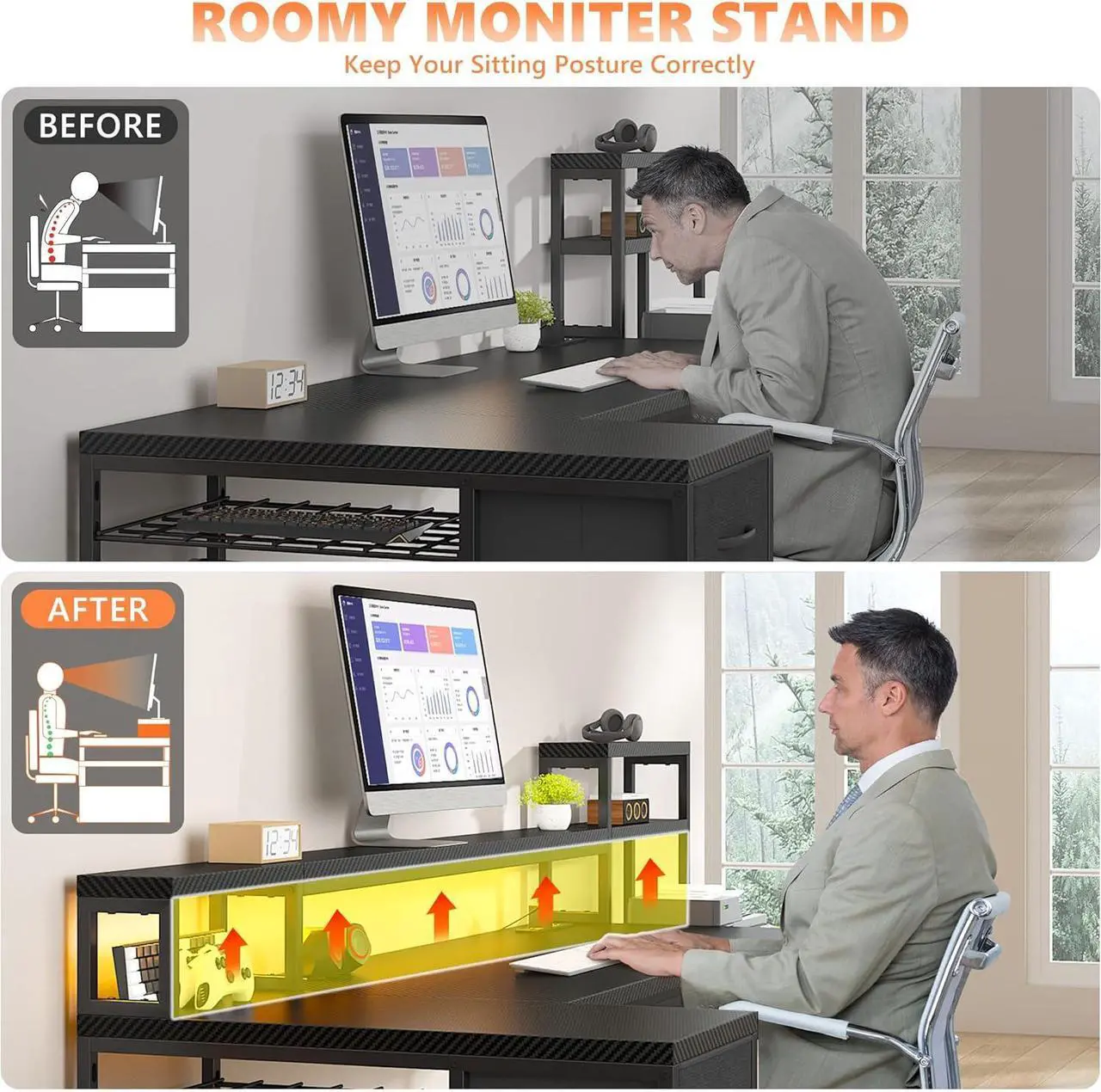Alt view image 5 of 7 - 71" L Shaped Desk, Computer Desk with Power Outlet & LED Lights, Reversible L Shaped Gaming Desk with Storage Shelves, Office Desk with Monitor Shelf, Corner Desk, Black