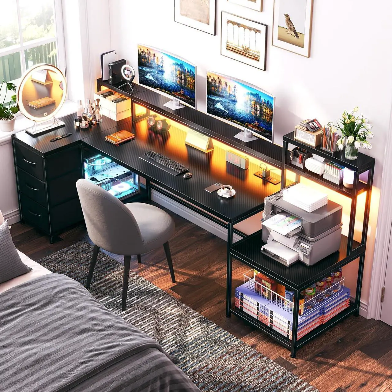 Main image of 71" L Shaped Desk, Computer Desk with Power Outlet & LED Lights, Reversible L Shaped Gaming Desk with Storage Shelves, Office Desk with Monitor Shelf, Corner Desk, Black