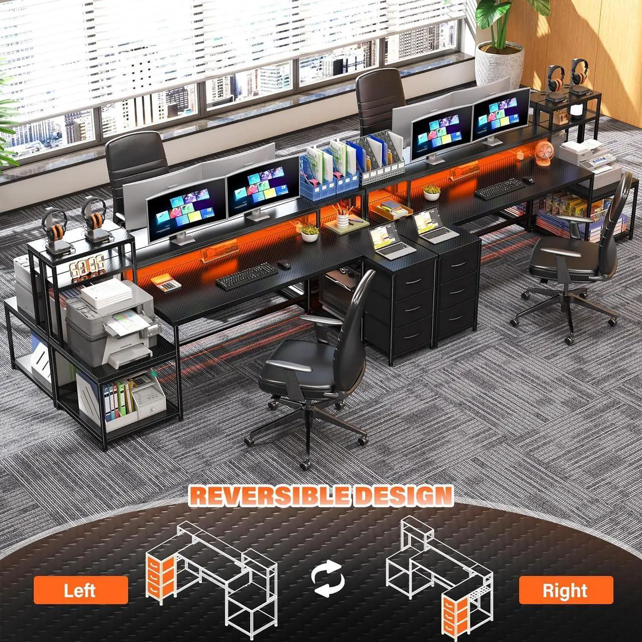 Alt view image 7 of 7 - 71" L Shaped Desk, Computer Desk with Power Outlet & LED Lights, Reversible L Shaped Gaming Desk with Storage Shelves, Office Desk with Monitor Shelf, Corner Desk, Black