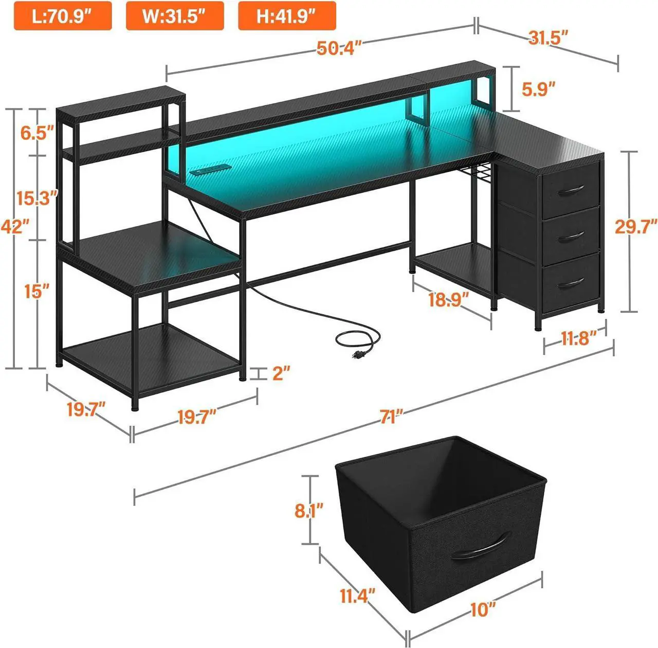 Alt view image 2 of 7 - 71" L Shaped Desk, Computer Desk with Power Outlet & LED Lights, Reversible L Shaped Gaming Desk with Storage Shelves, Office Desk with Monitor Shelf, Corner Desk, Black