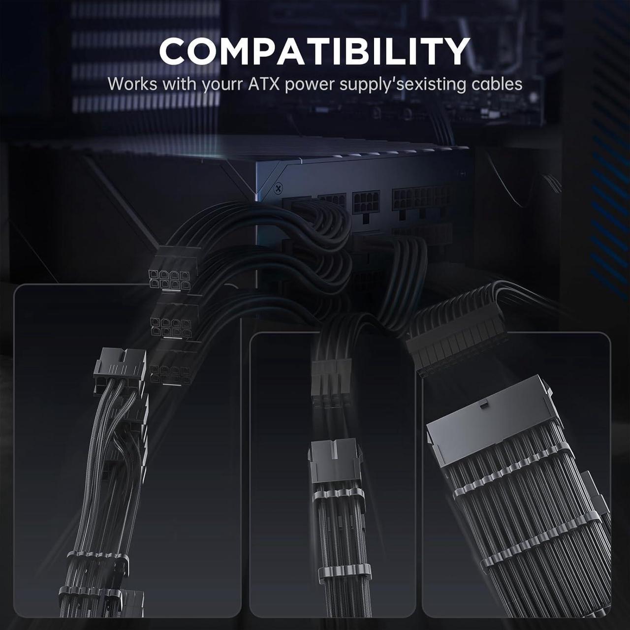 Alt view image 3 of 6 - 12VHPWR Cable Extension Kit, 16AWG Pcie 5.0 PSU Cable Extension Kit Soft Braided Power Supply Cable Extension, 24pin ATX /4+4pin EPS /12+4pin, 30CM Length