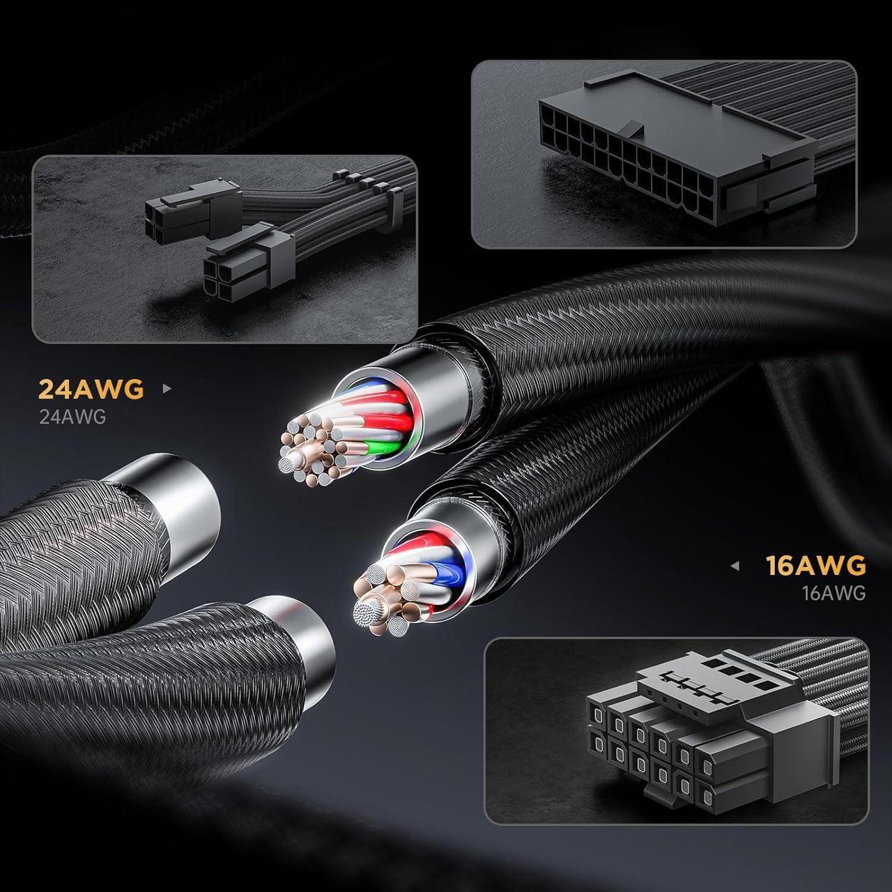 Alt view image 4 of 6 - 12VHPWR Cable Extension Kit, 16AWG Pcie 5.0 PSU Cable Extension Kit Soft Braided Power Supply Cable Extension, 24pin ATX /4+4pin EPS /12+4pin, 30CM Length