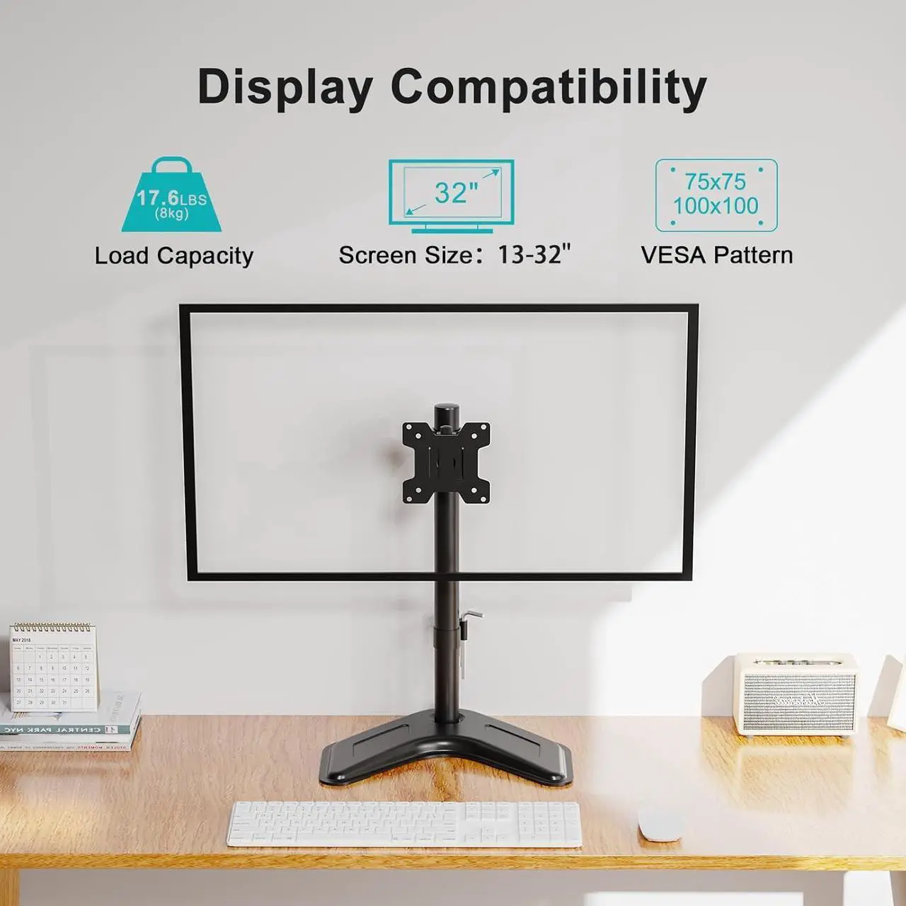 Alt view image 2 of 7 - Single Monitor Stands Fits 13-32 inch/17.6 lbs Screen, Free-Standing Computer Monitor Mount, Monitor Desk Stand with Adjustable Height/Tilt/Swivel/Rotation, VESA Monitor Stand 75x75 100x100