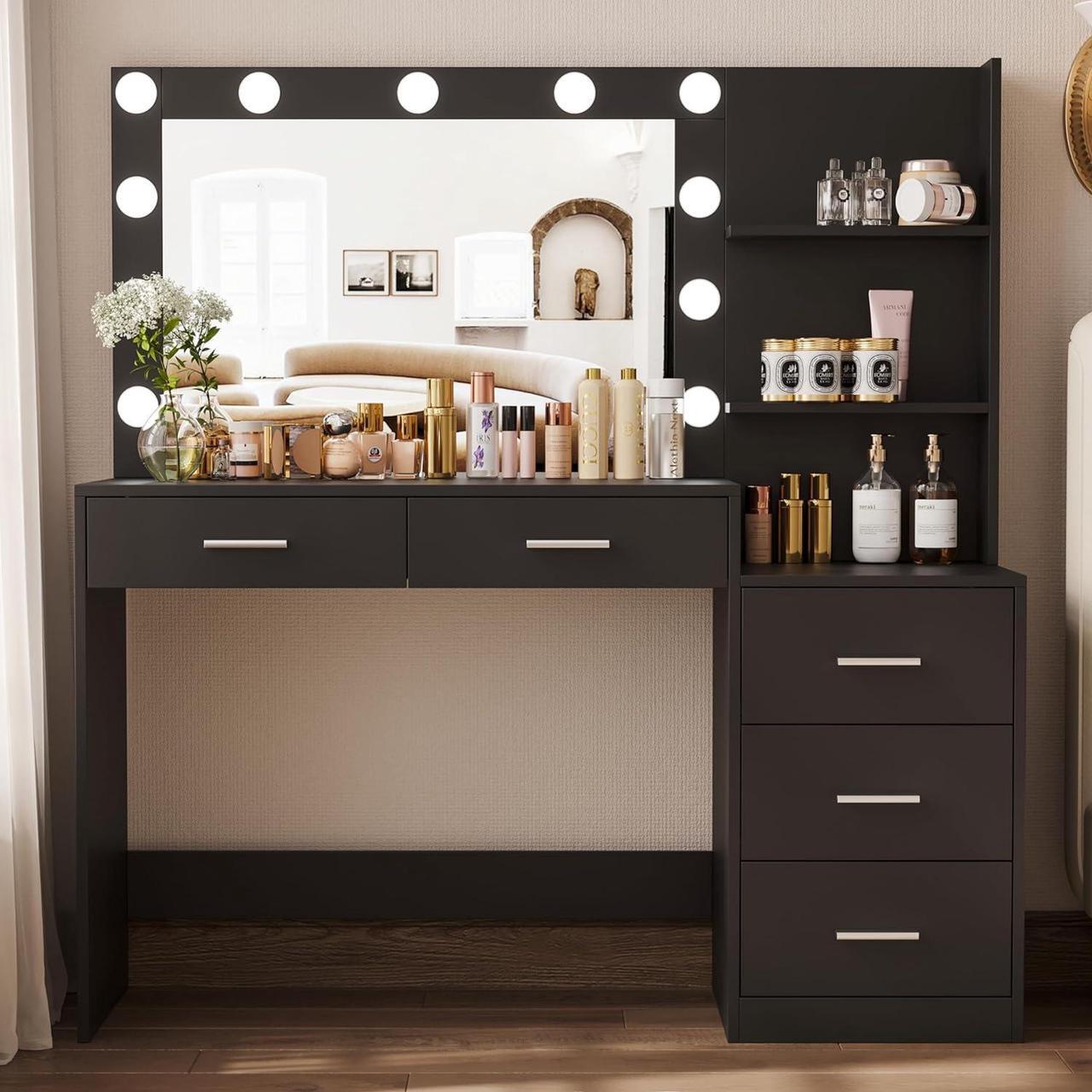 Main image of 46.7" Makeup Vanity Table with Lighted Mirror, Large Vanity Desk with Storage Shelf & 5 Drawers, Bedroom Dressing Table, 11 LED Lights, Black RSZT106B