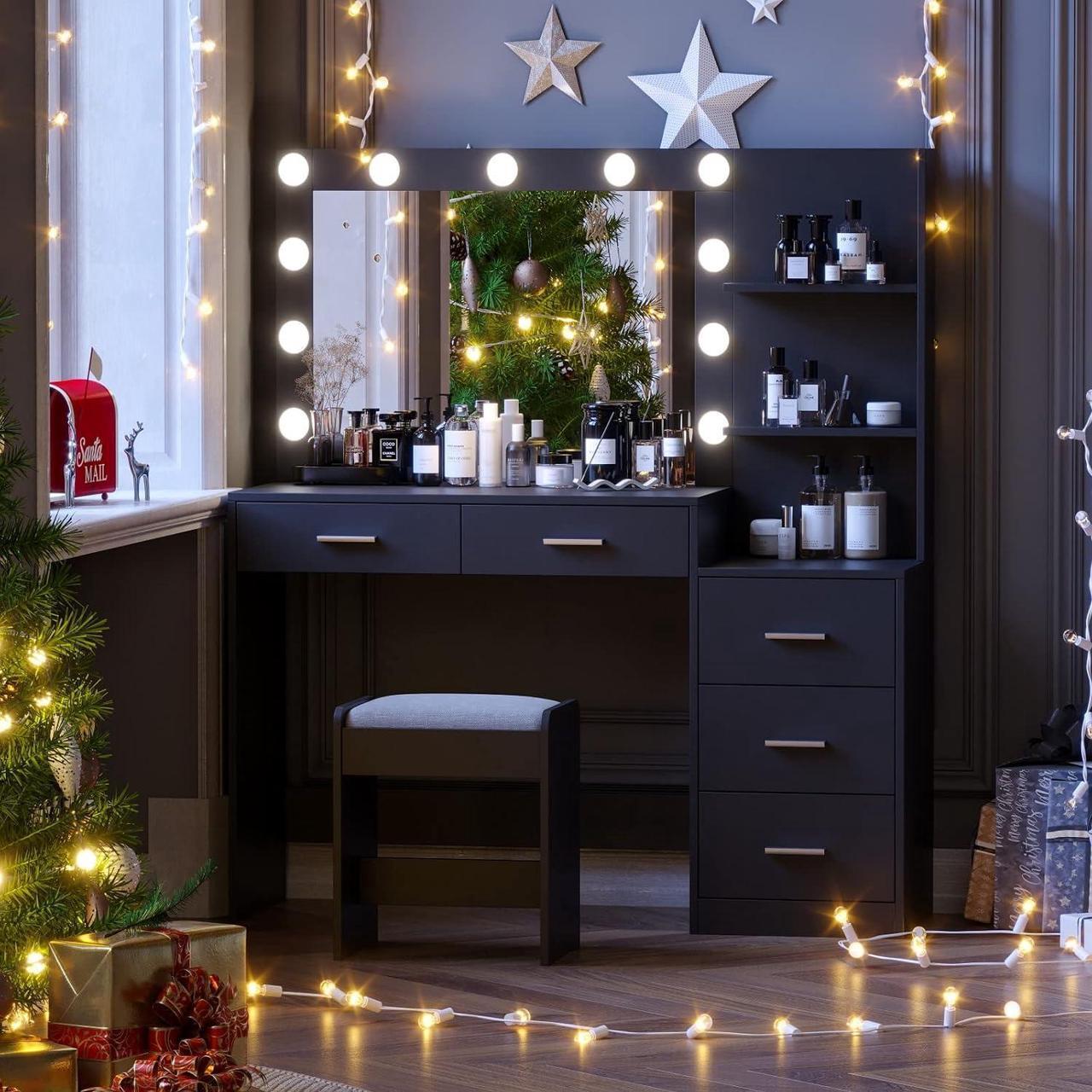 Alt view image 2 of 7 - 46.7" Makeup Vanity Table with Lighted Mirror, Large Vanity Desk with Storage Shelf & 5 Drawers, Bedroom Dressing Table, 11 LED Lights, Black RSZT106B