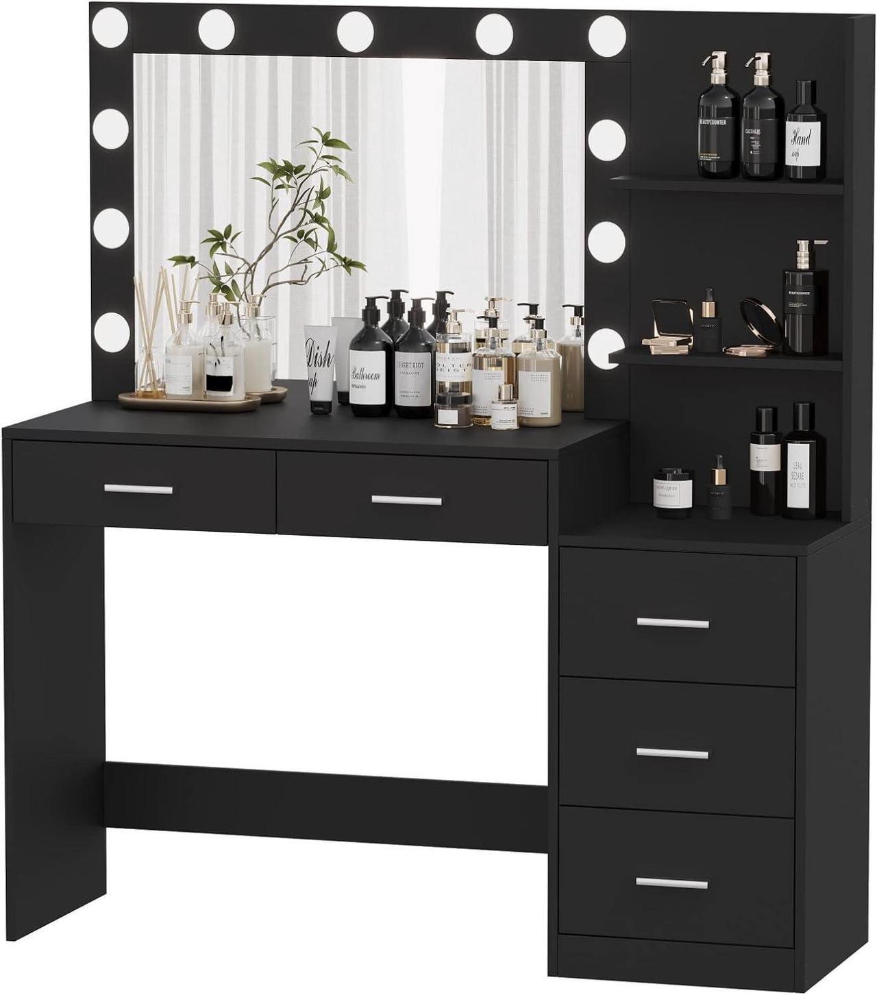 Alt view image 6 of 7 - 46.7" Makeup Vanity Table with Lighted Mirror, Large Vanity Desk with Storage Shelf & 5 Drawers, Bedroom Dressing Table, 11 LED Lights, Black RSZT106B