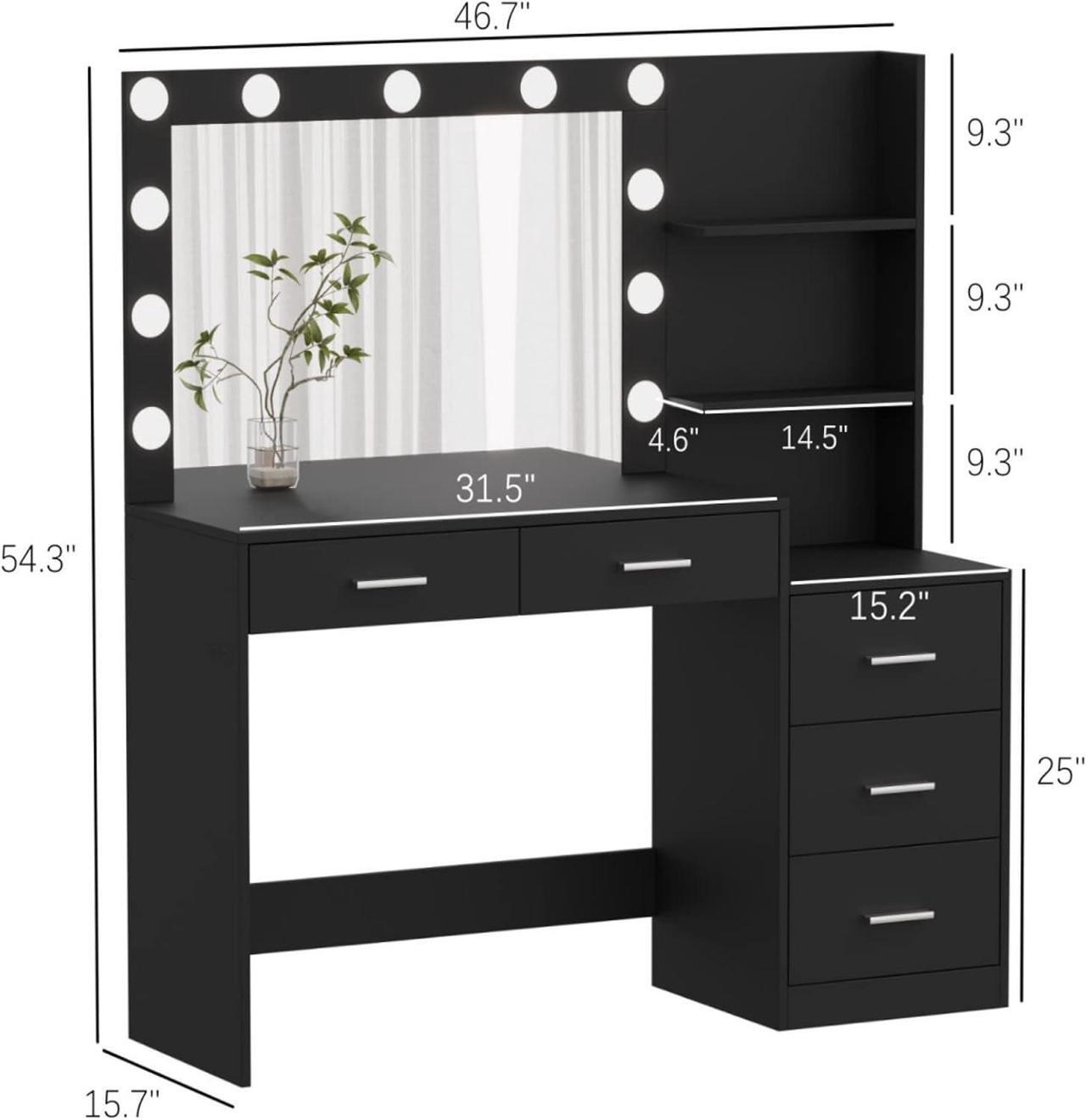 Alt view image 7 of 7 - 46.7" Makeup Vanity Table with Lighted Mirror, Large Vanity Desk with Storage Shelf & 5 Drawers, Bedroom Dressing Table, 11 LED Lights, Black RSZT106B