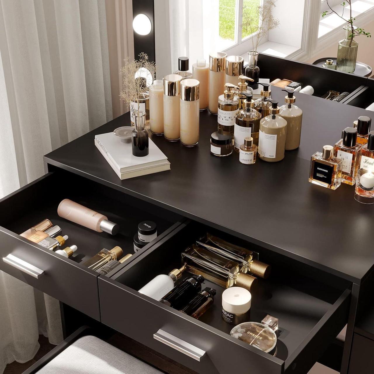 Alt view image 4 of 7 - 46.7" Makeup Vanity Table with Lighted Mirror, Large Vanity Desk with Storage Shelf & 5 Drawers, Bedroom Dressing Table, 11 LED Lights, Black RSZT106B