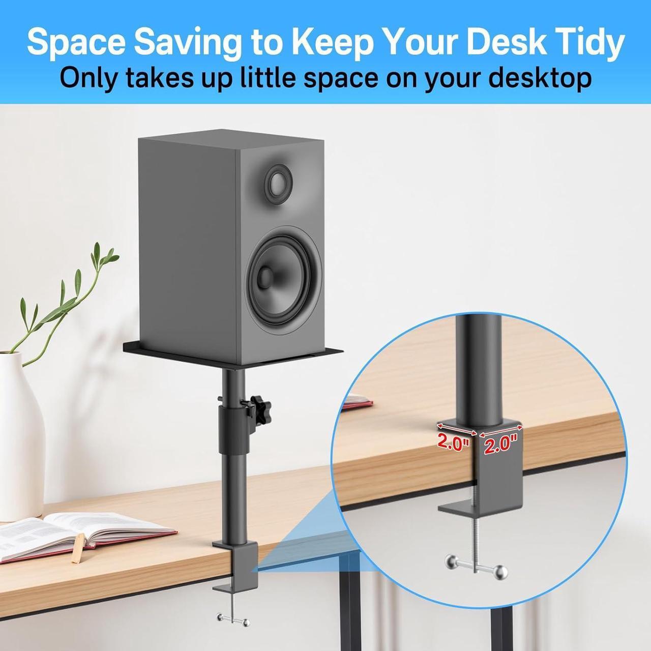Alt view image 5 of 7 - Pair of Studio Monitor Stands for PreSonus, JBL NANO K, Desk Speaker Stands for KRK, Klipsch, Polk and More Bookshelf Speakers Adjustable Height, Tilt & Swivel Desktop Clamp Stands Wr Headphone Holder