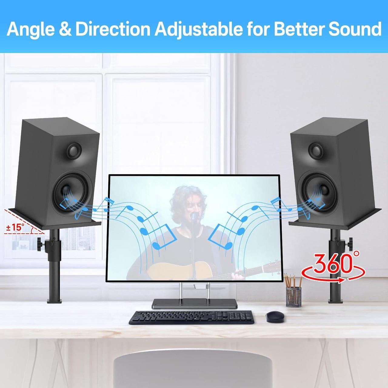 Alt view image 4 of 7 - Pair of Studio Monitor Stands for PreSonus, JBL NANO K, Desk Speaker Stands for KRK, Klipsch, Polk and More Bookshelf Speakers Adjustable Height, Tilt & Swivel Desktop Clamp Stands Wr Headphone Holder