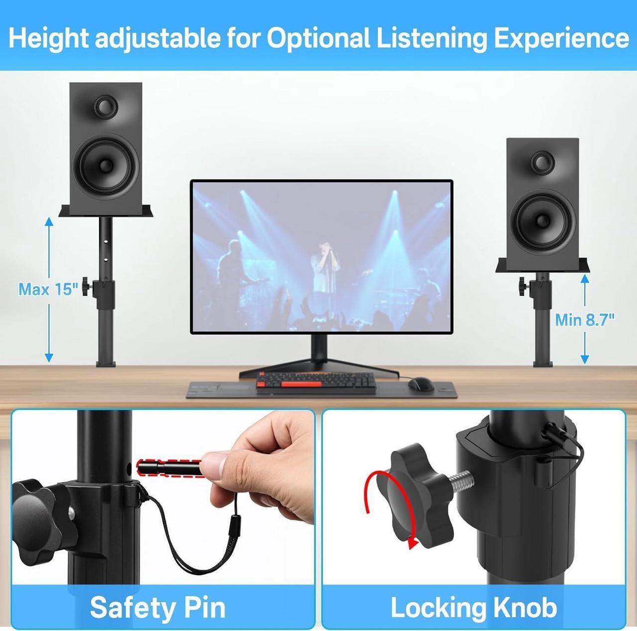 Alt view image 3 of 7 - Pair of Studio Monitor Stands for PreSonus, JBL NANO K, Desk Speaker Stands for KRK, Klipsch, Polk and More Bookshelf Speakers Adjustable Height, Tilt & Swivel Desktop Clamp Stands Wr Headphone Holder