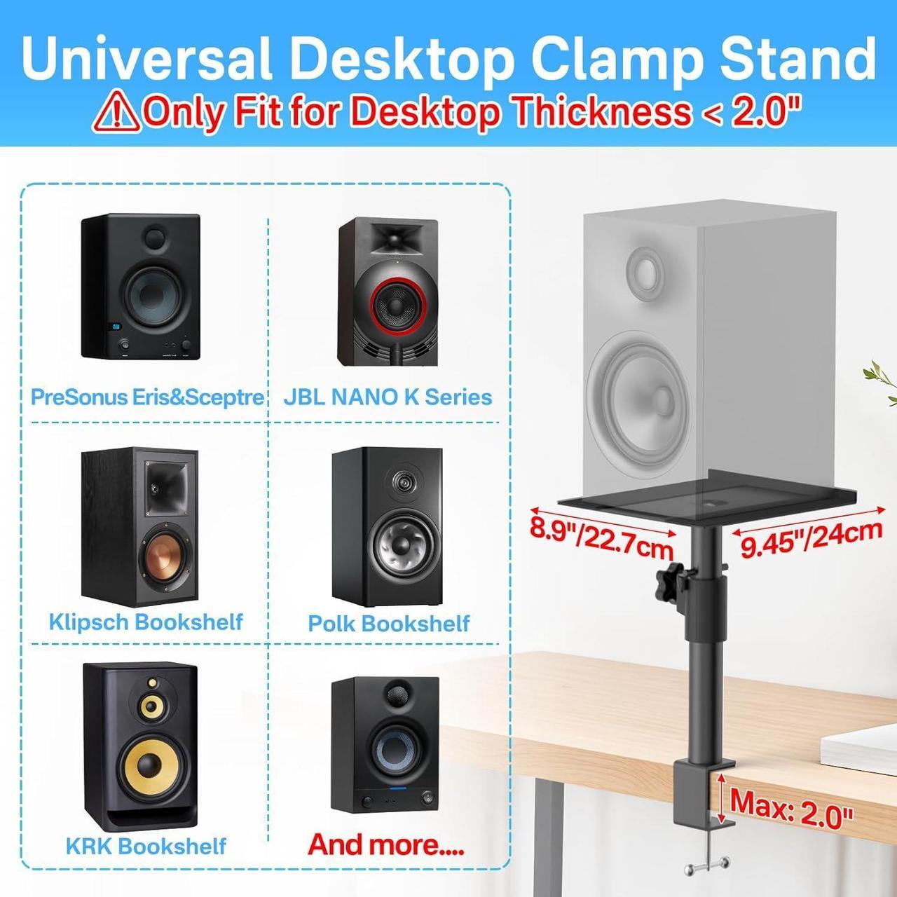 Alt view image 2 of 7 - Pair of Studio Monitor Stands for PreSonus, JBL NANO K, Desk Speaker Stands for KRK, Klipsch, Polk and More Bookshelf Speakers Adjustable Height, Tilt & Swivel Desktop Clamp Stands Wr Headphone Holder