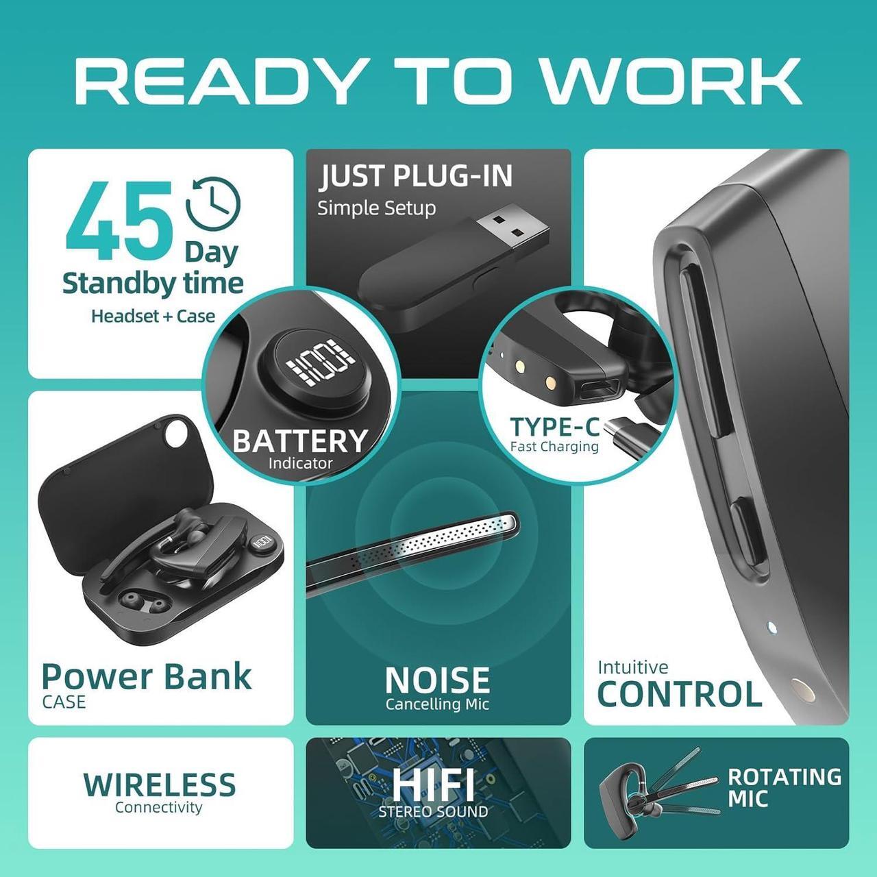 Alt view image 3 of 7 - Wireless Headset Earpiece with USB Dongle & Noise Cancelling Mic for PC, Phone, Bluetooth Headphones Over-Ear with Microphone for Zoom Meetings, Work from Home, Trucker Use