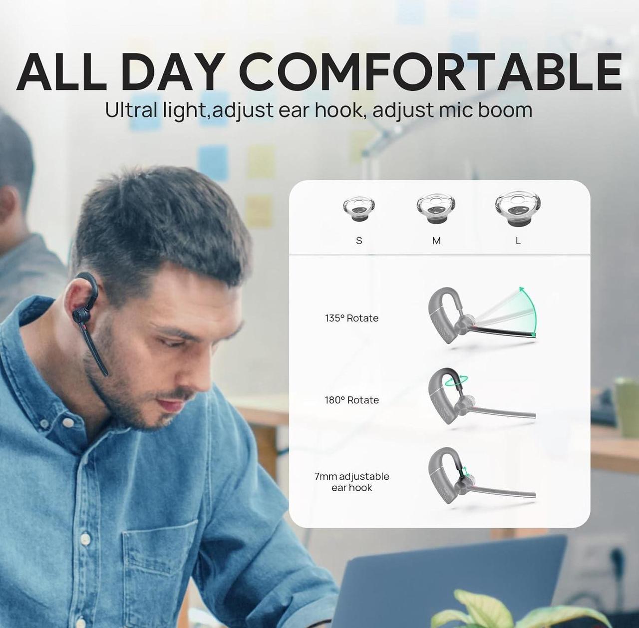 Alt view image 5 of 7 - BH71 Bluetooth Headset Upgraded,Wireless Earphone with 4 Noise Cancelling Microphone,Adjustable Ear Hook,Compatible with iOS/Android Cell Phone,Driving,Office Work
