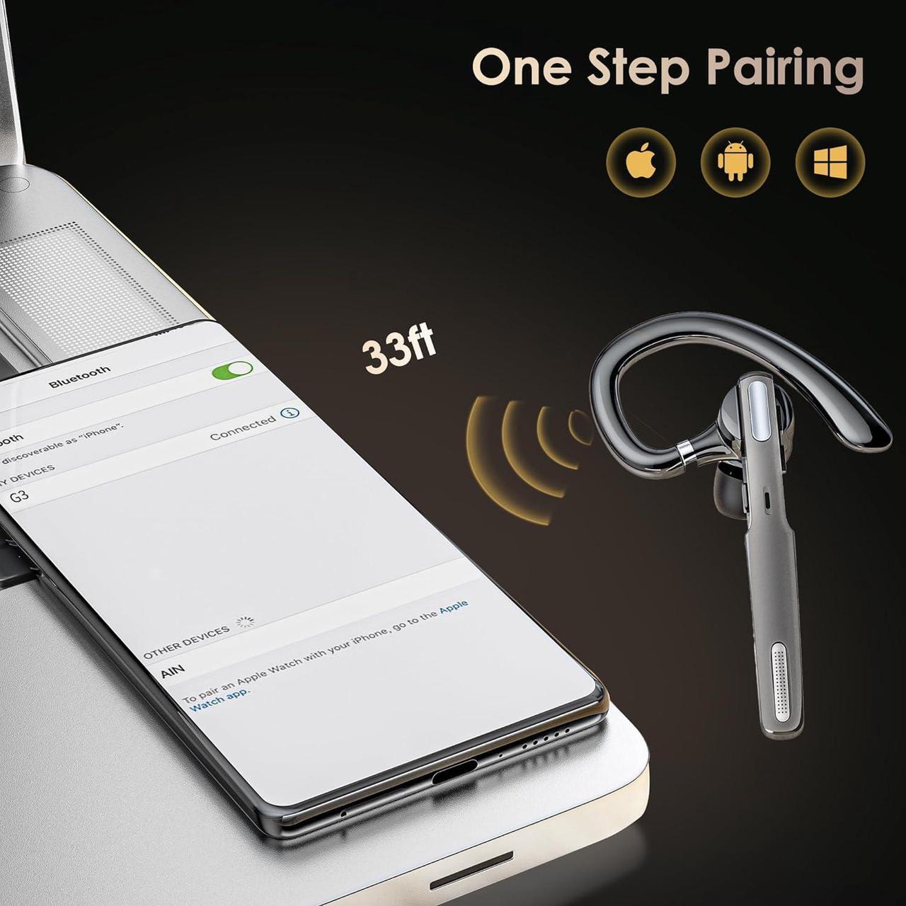 Alt view image 4 of 7 - Bluetooth Headset, Wireless Bluetooth Earpiece V5.0 Hands-Free Earphones with Built-in Mic for Driving/Business/Office, Compatible with iPhone and Android (Gray)