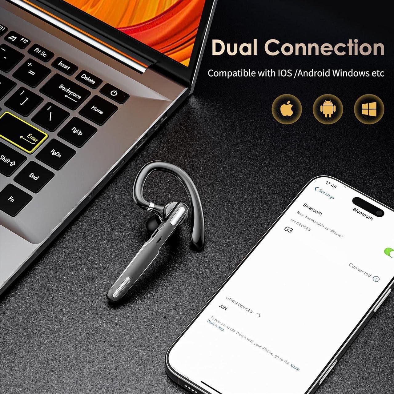 Alt view image 3 of 7 - Bluetooth Headset, Wireless Bluetooth Earpiece V5.0 Hands-Free Earphones with Built-in Mic for Driving/Business/Office, Compatible with iPhone and Android (Gray)