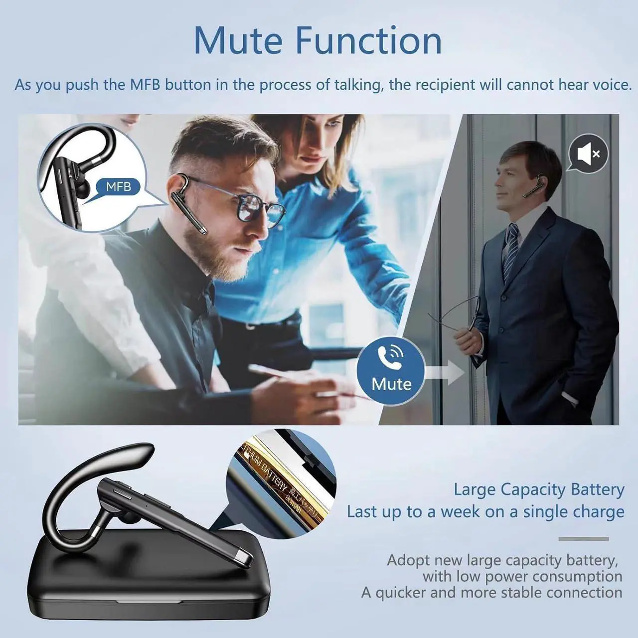 Alt view image 4 of 7 - Bluetooth Headset, Bluetooth Wireless Earpiece with mic Trucker Headset for Phone Case Office Phones with Built-in Microphone Manos Libres Noise Cancelling(Black)