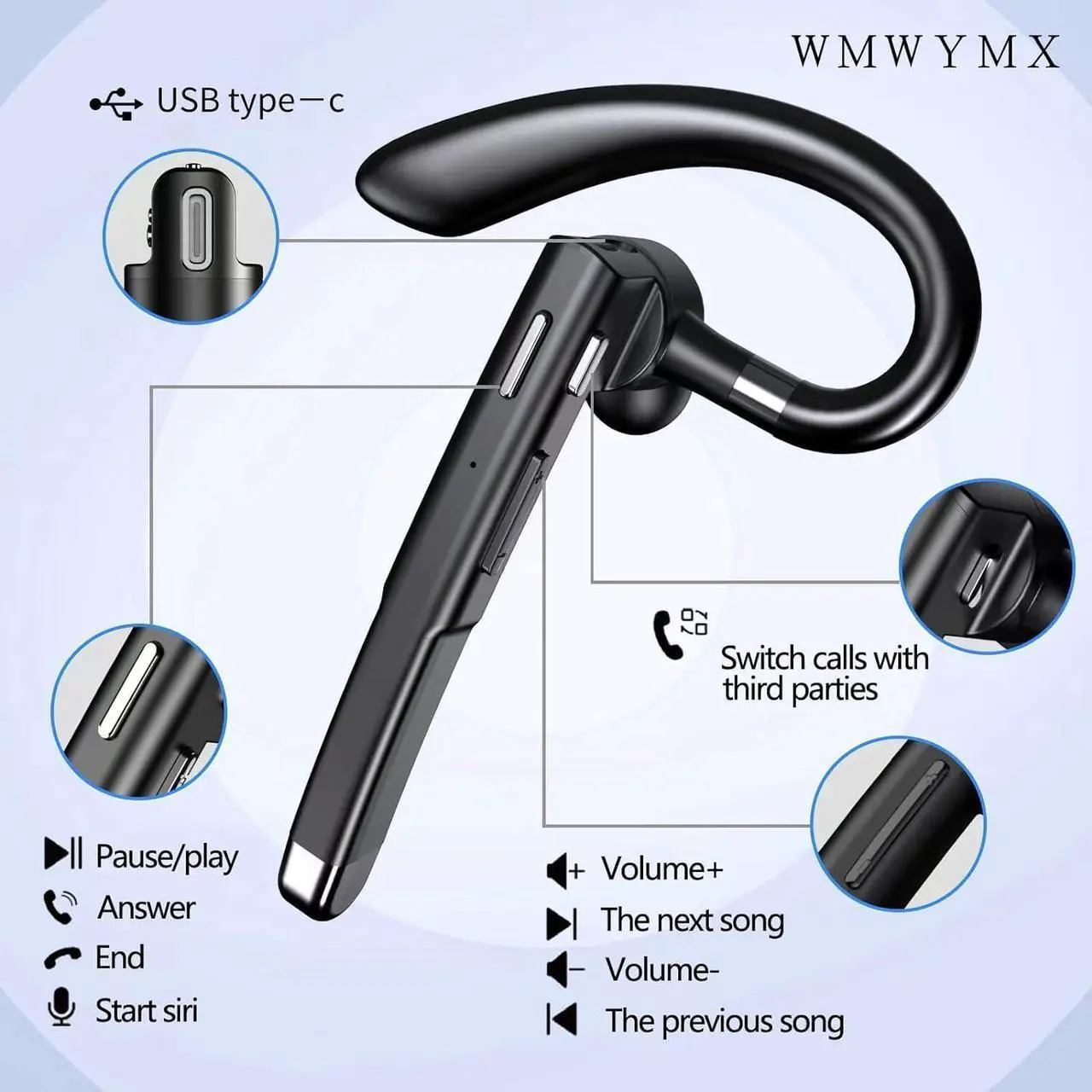 Alt view image 6 of 7 - Bluetooth Headset, Bluetooth Wireless Earpiece with mic Trucker Headset for Phone Case Office Phones with Built-in Microphone Manos Libres Noise Cancelling(Black)