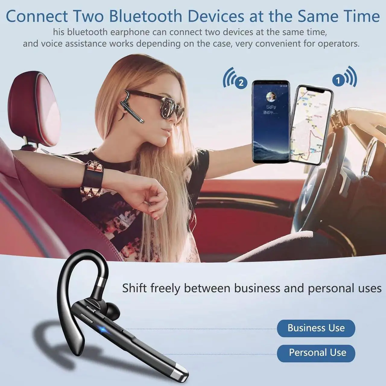 Alt view image 3 of 7 - Bluetooth Headset, Bluetooth Wireless Earpiece with mic Trucker Headset for Phone Case Office Phones with Built-in Microphone Manos Libres Noise Cancelling(Black)