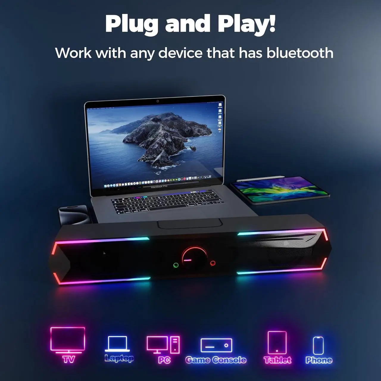 Alt view image 5 of 7 - Bluetooth Computer Speakers, Adjustable RGB PC Gaming Speakers with Enhanced Bass and Volume Control, Stereo USB Powered 3.5mm Aux Multimedia Speakers for Laptop/Desktop/Tablets/Phone