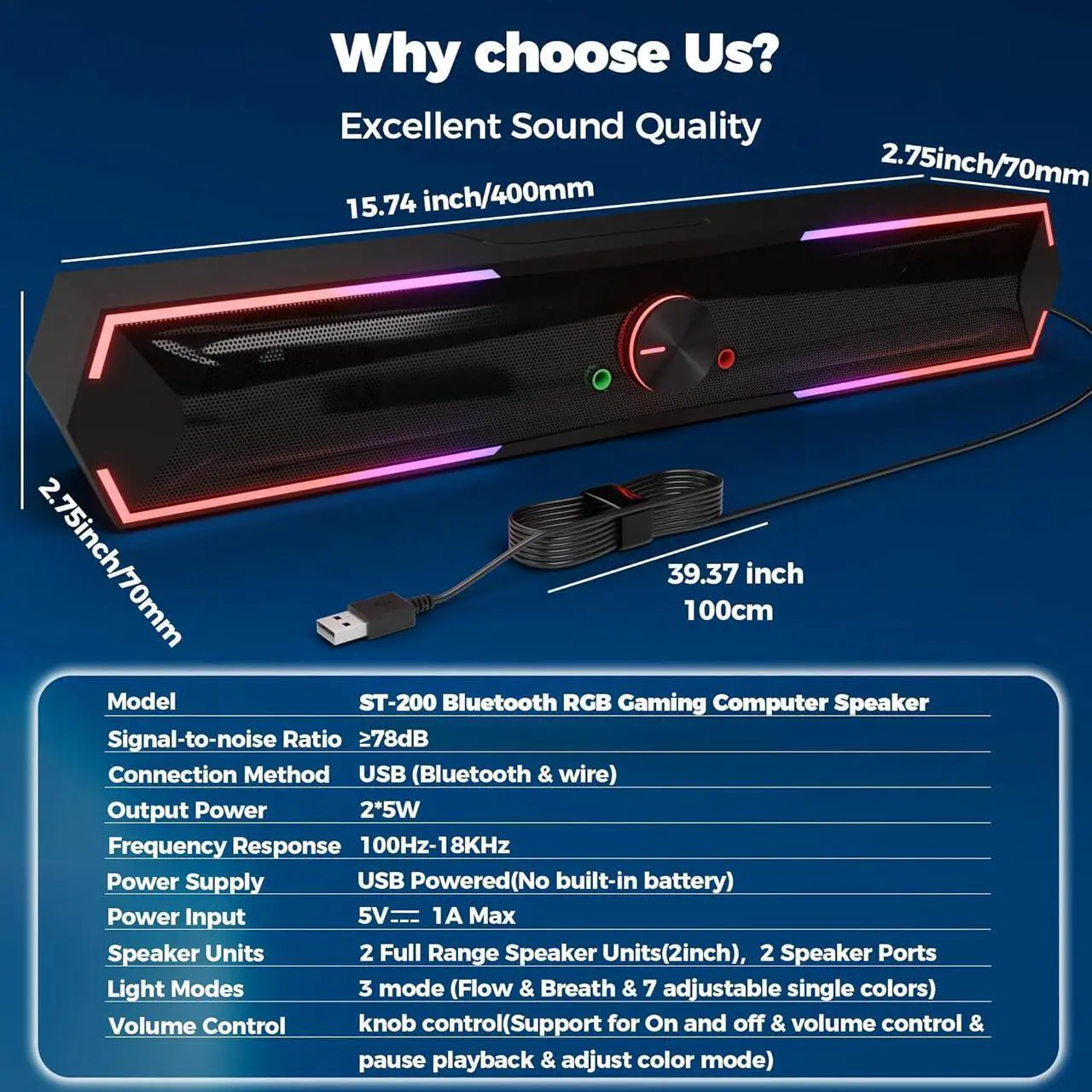 Alt view image 6 of 7 - Bluetooth Computer Speakers, Adjustable RGB PC Gaming Speakers with Enhanced Bass and Volume Control, Stereo USB Powered 3.5mm Aux Multimedia Speakers for Laptop/Desktop/Tablets/Phone