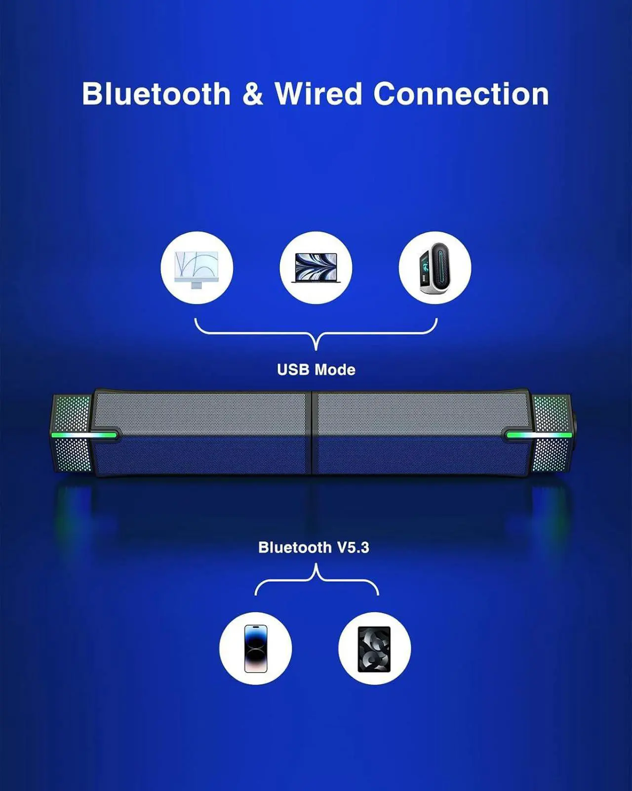 Alt view image 5 of 7 - M20 Bluetooth Computer Speakers for PC Desktop Monitor, Gaming PC Sound Bar - Wired USB-Powered, Superb Stereo Sound, with LED Lighting - Combine/Separate to Customize Your Desk