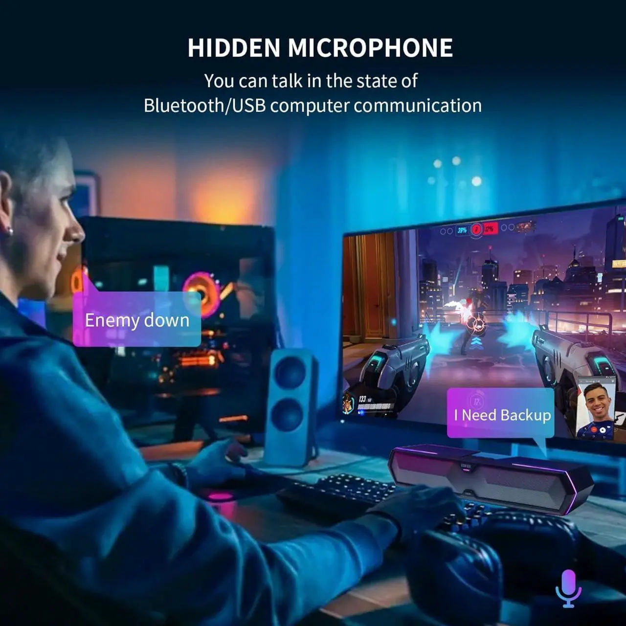 Alt view image 6 of 7 - MG300 Computer Sound Bar: Loud Speakers with Deep Bass - Switch RGB Built-in Microphone for Gaming Speakers Wireless Bluetooth 5.3 & USB Adapter PC Sound Bar for Desktop
