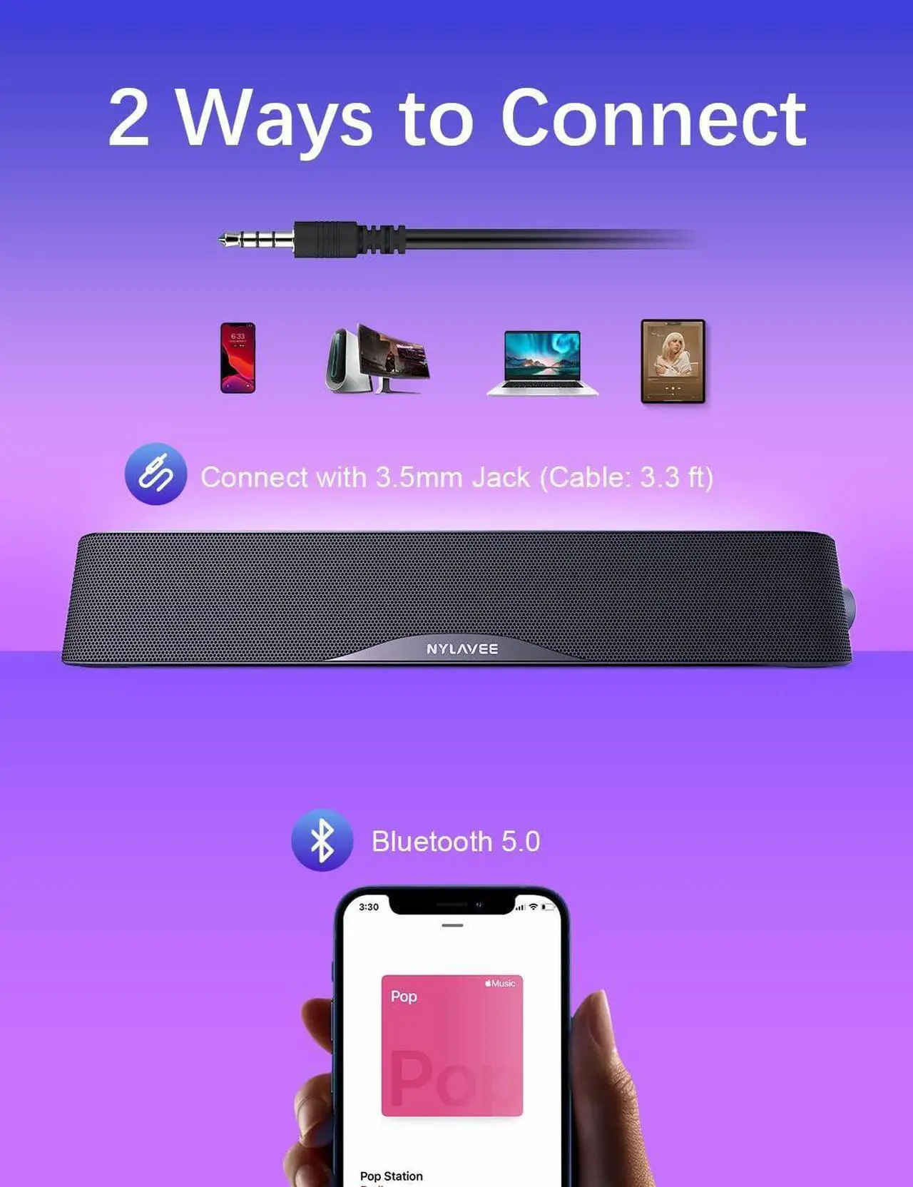 Alt view image 3 of 7 - Computer Speakers, HiFi Sound Quality Computer Sound Bar, USB Powered PC Speakers, Bluetooth 5.0 and 3.5mm Aux-in Computer Speakers for Desktop, Laptops, PCs, Phones, Tablets, Xbox, Gaming Speakers