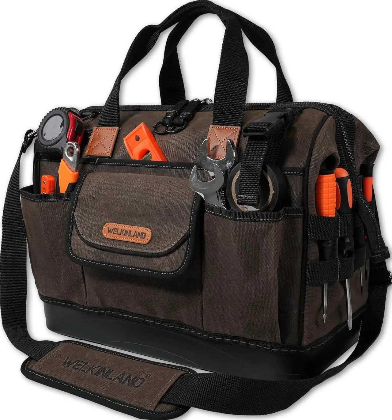 Main image of 45-Pockets Waxed Canvas Tool Bag, 16-Inch Heavy-Duty electrician tool bag, Hard-Bottom tool bag, Large-Open technician tool bag, HVAC tools bag, Electrical tool bag, Maintenance tool bag