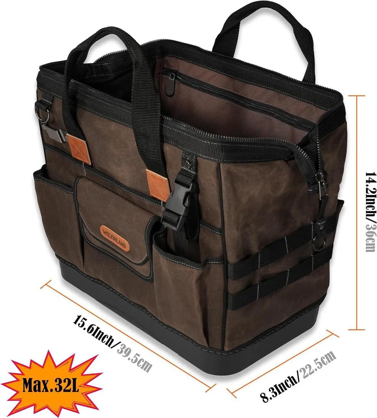 Alt view image 6 of 7 - 45-Pockets Waxed Canvas Tool Bag, 16-Inch Heavy-Duty electrician tool bag, Hard-Bottom tool bag, Large-Open technician tool bag, HVAC tools bag, Electrical tool bag, Maintenance tool bag