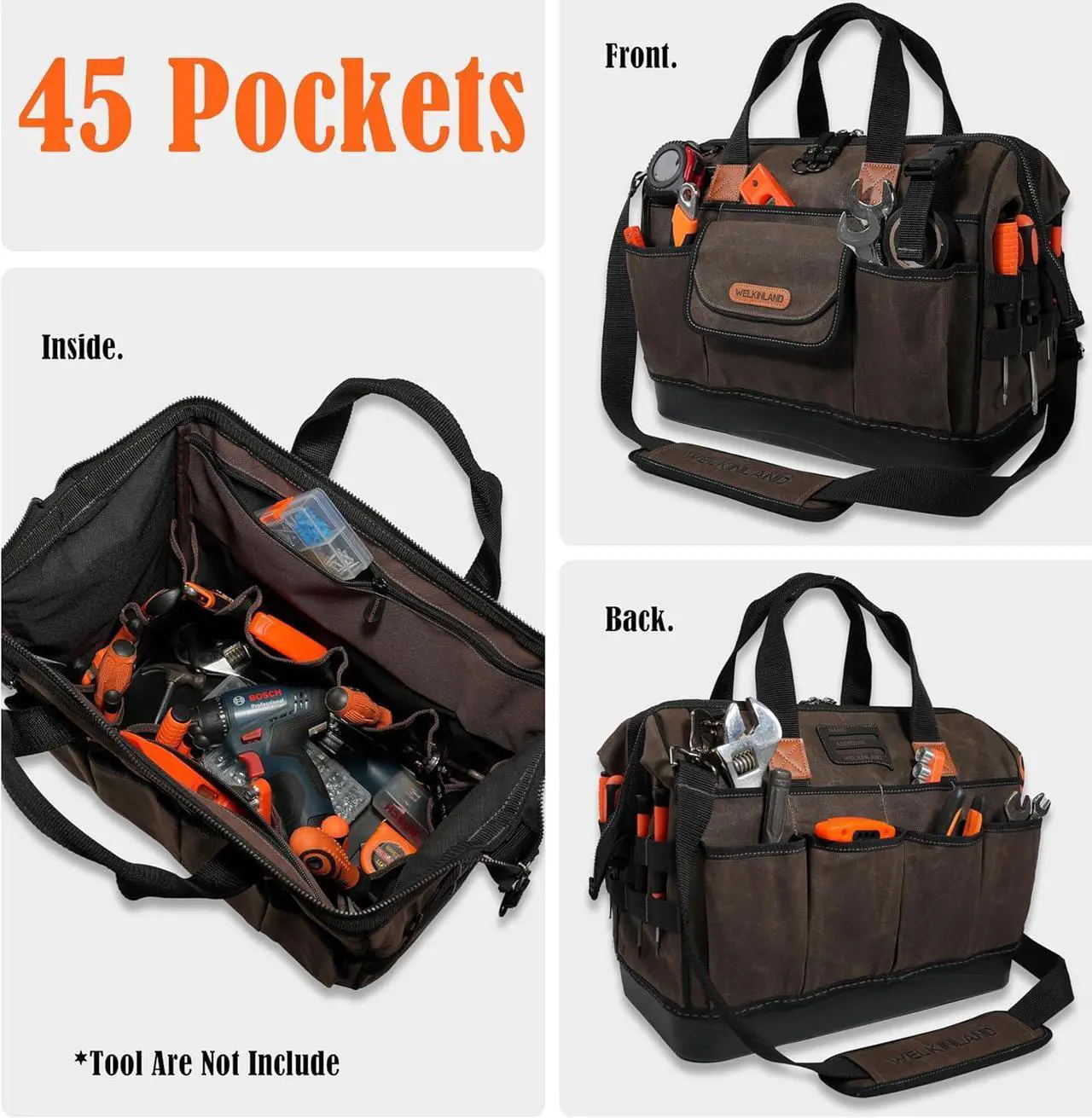 Alt view image 2 of 7 - 45-Pockets Waxed Canvas Tool Bag, 16-Inch Heavy-Duty electrician tool bag, Hard-Bottom tool bag, Large-Open technician tool bag, HVAC tools bag, Electrical tool bag, Maintenance tool bag