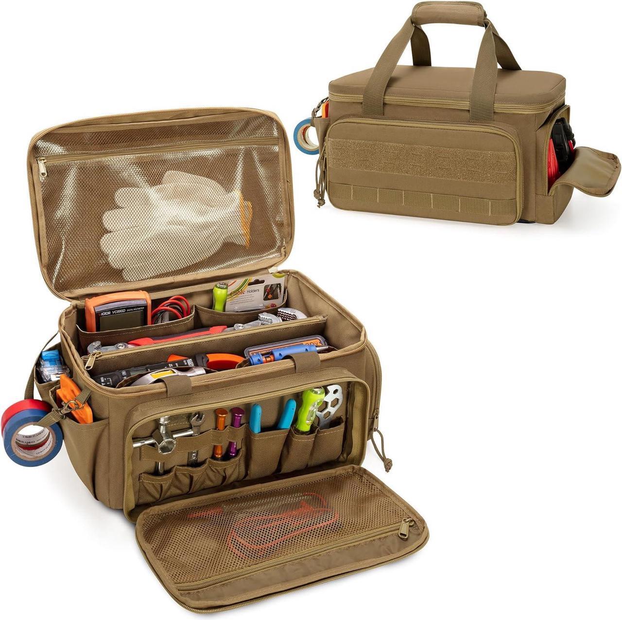 Main image of 14-Inch Tool Bag with Anti-friction Bottom, Hand Tool Storage Organizer Bag for Men, Tactical Bag, Electrician Tool Bag, Multi-purpose Work Tote Bag for Repairman, Carpenters, Handyman, Khaki