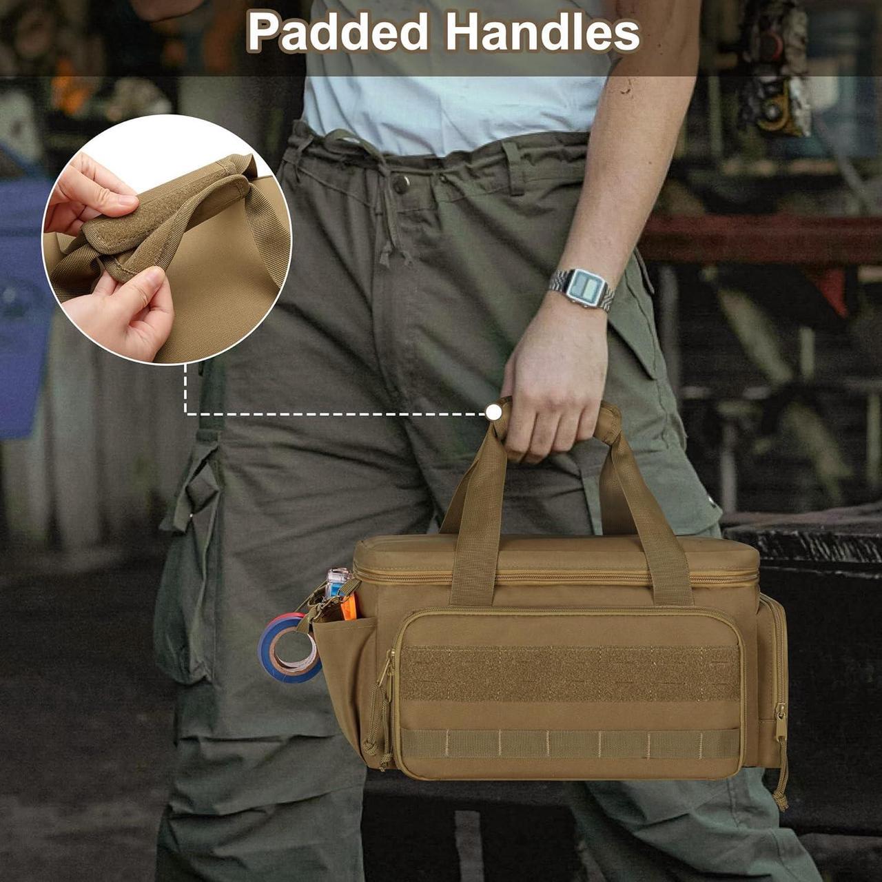 Alt view image 6 of 7 - 14-Inch Tool Bag with Anti-friction Bottom, Hand Tool Storage Organizer Bag for Men, Tactical Bag, Electrician Tool Bag, Multi-purpose Work Tote Bag for Repairman, Carpenters, Handyman, Khaki