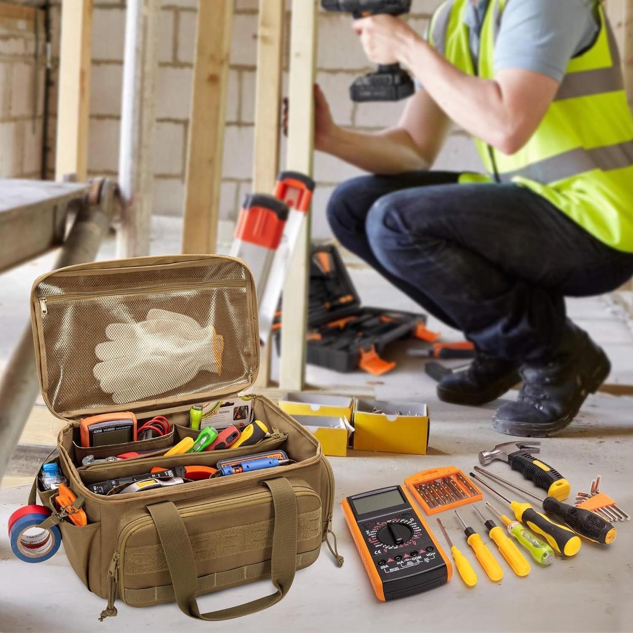 Alt view image 7 of 7 - 14-Inch Tool Bag with Anti-friction Bottom, Hand Tool Storage Organizer Bag for Men, Tactical Bag, Electrician Tool Bag, Multi-purpose Work Tote Bag for Repairman, Carpenters, Handyman, Khaki
